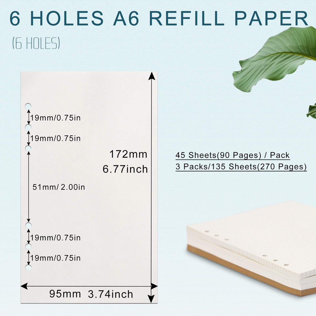 A6 Refill Paper, [3 Pack] Toplive 100GSM Thick Refillable Blank Paper 6 Hole Filler Inserts Loose Leaf Paper 135 Sheets (270 Pages) for 6 Ring Binder Journal Notebook