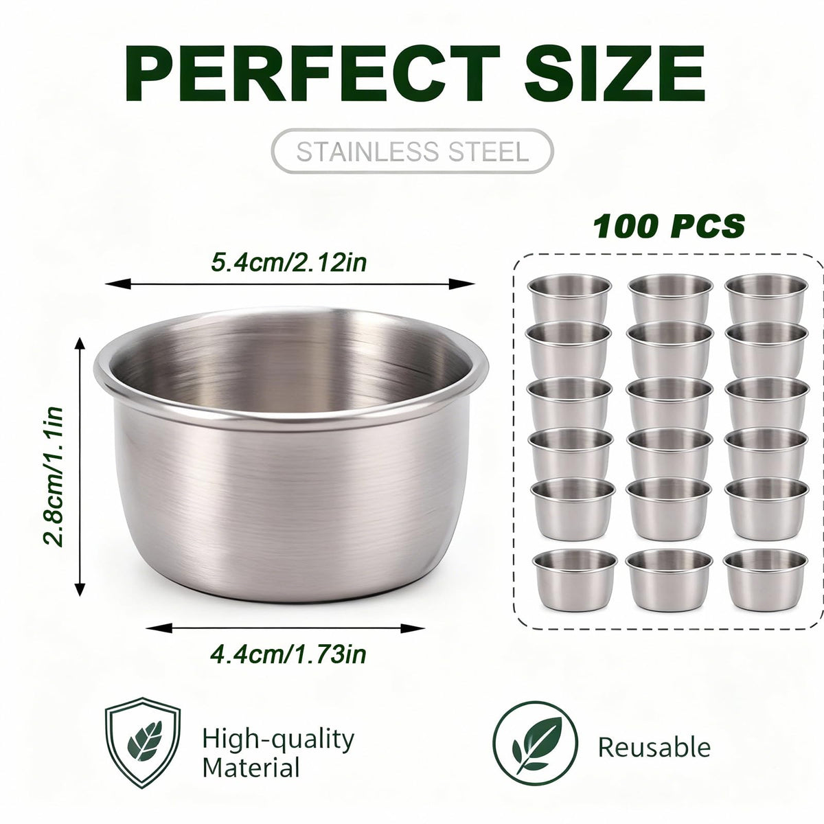 CathJune 100 Pcs 1.5 oz Stainless Steel Ramekins, Metal Dipping Sauce Cups, Small Condiment Cups for Kitchen, Restaurant, Camping, BBQ, Party and Seafood