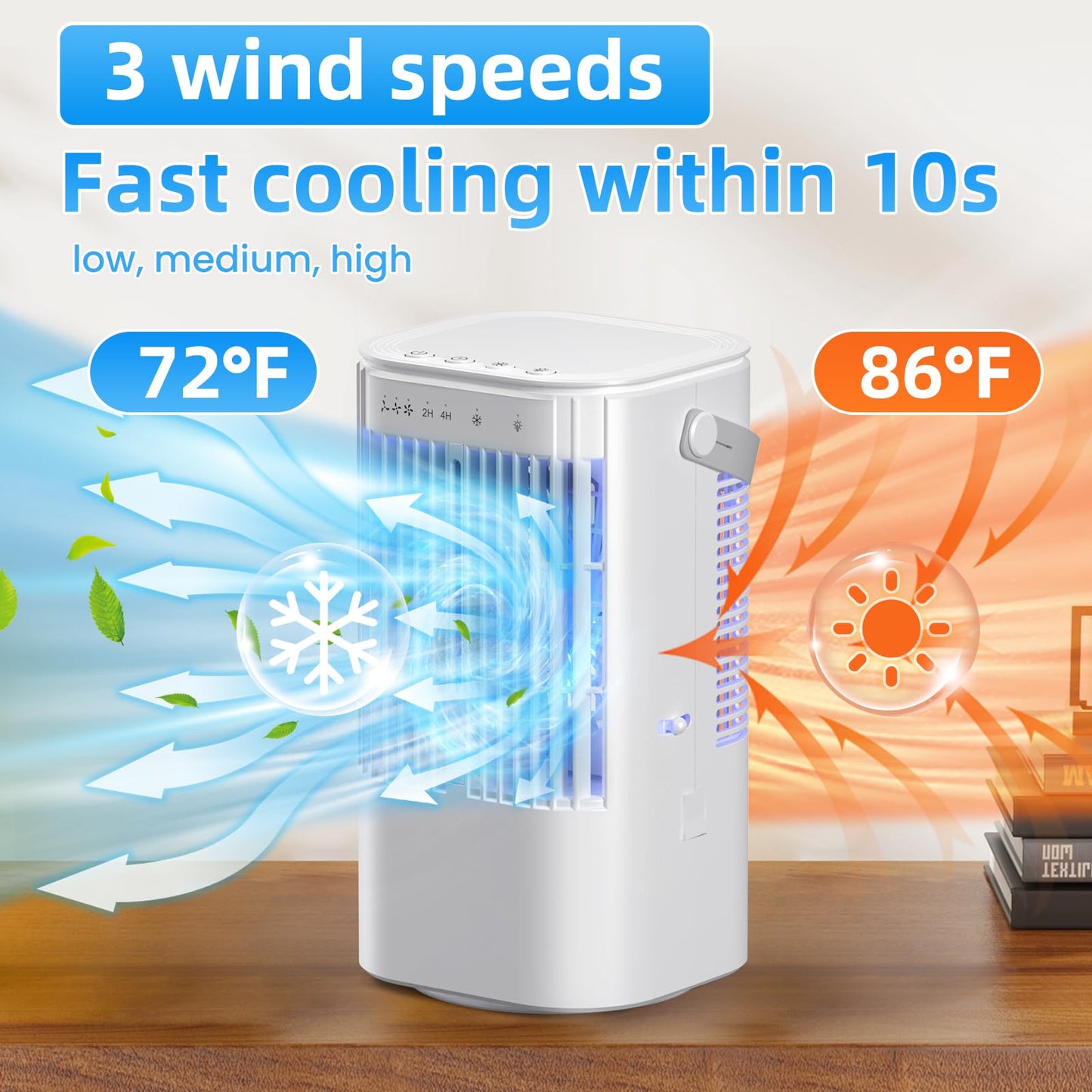 Portable Air Conditioners 4-in-1 Mini Small Air Conditioner Evaporative Air Cooler Fan with 1000ml Water Tank 3 Speeds 7 LED Lights Personal Mini AC with Timer for Bedroom Desktop Home Office (White)