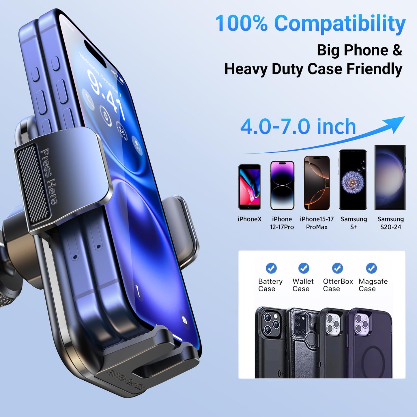 3-in-1 Car Phone Holder [122+LBS Strongest Suction & Stable Clamp Arm] 360° Adjustable Car Phone Mount, Cell Phone Holders for Your Car for Dashboard Vent, All Smartphones & Car Models