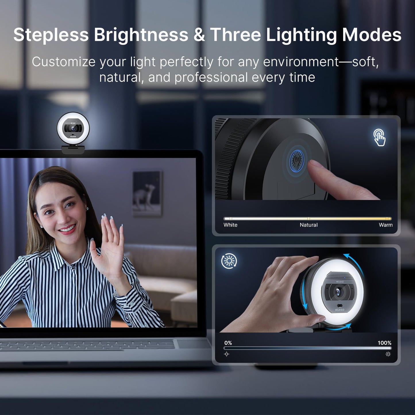 NexiGo N930E Pro, 4K Webcam with Ring Light, PDAF Autofocus, 1080P@60FPS, Dual Noise-Canceling Mics, Built-in Privacy Shutter, Web Cam for Streaming, Meeting, Gaming