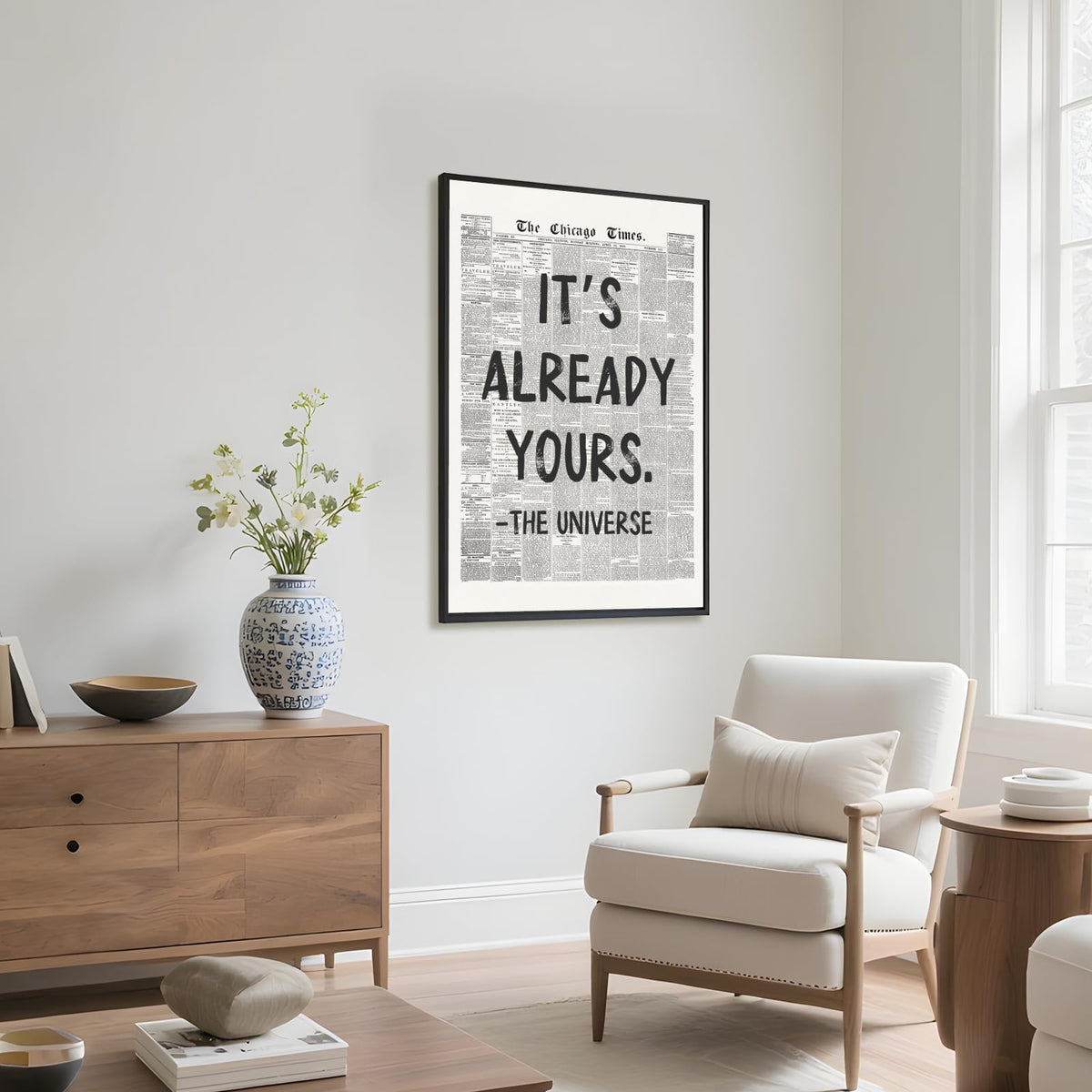 Licpach Retro Black and White Newspaper Wall Art It’s Already Yours – The Universe Positive Quote Poster Inspirational Canvas Print Motivational Wall Decor for Office Bedroom 8x12inch Black Frame