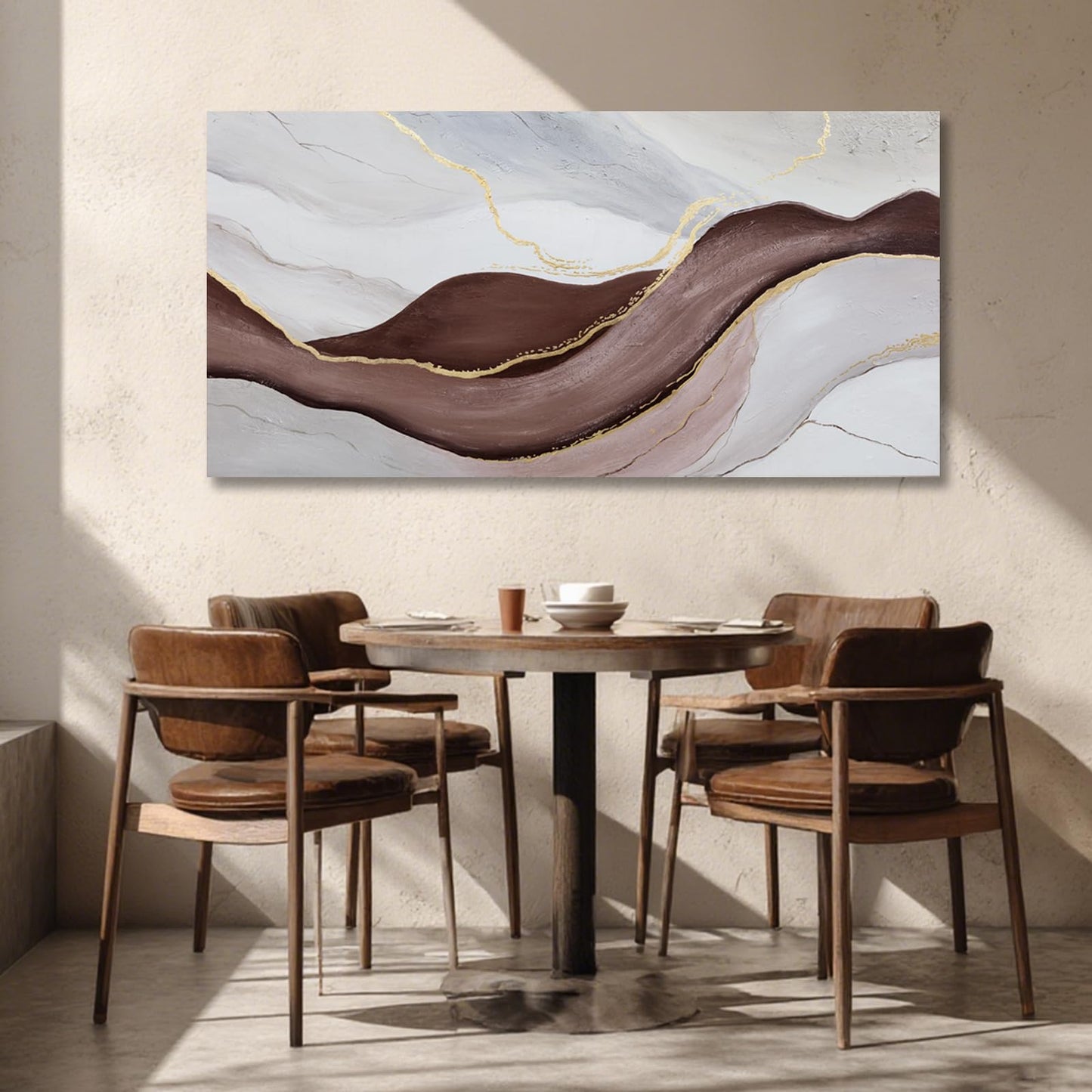 Hue7Art Modern Abstract Canvas Wall Art Neutral Flowing Lines Painting in White Gray and Brown, Minimalist Contemporary Artwork for Living Room Bedroom Office Wall Decor 24x48 Inch