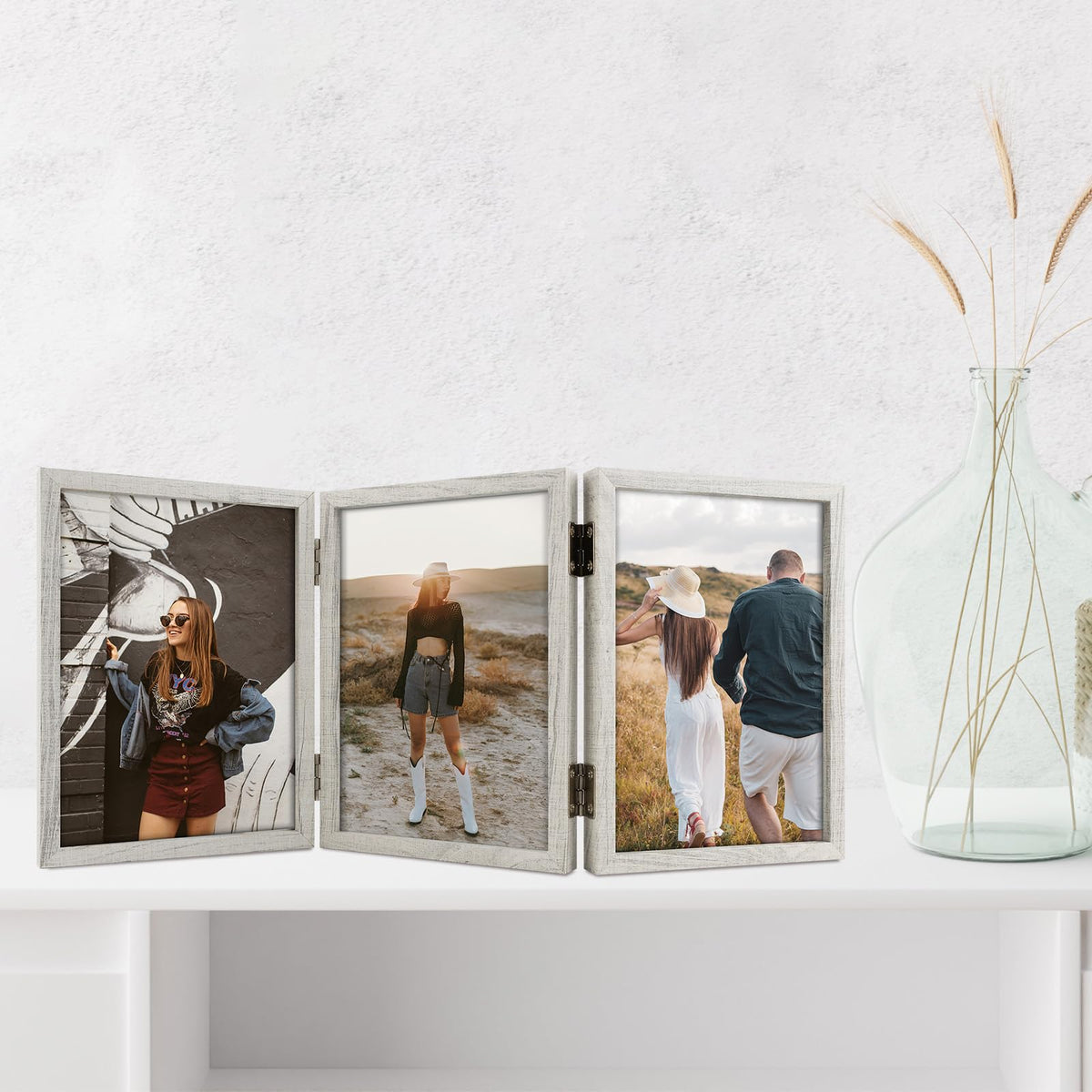 Space Art Deco Triple 5x7 Picture Frame, 3 5x7 Folding Photo Frame, Standing Vertically on Desktop or Tabletop, Home Decorative Christmas Holiday Gift, Whitewashed Oak