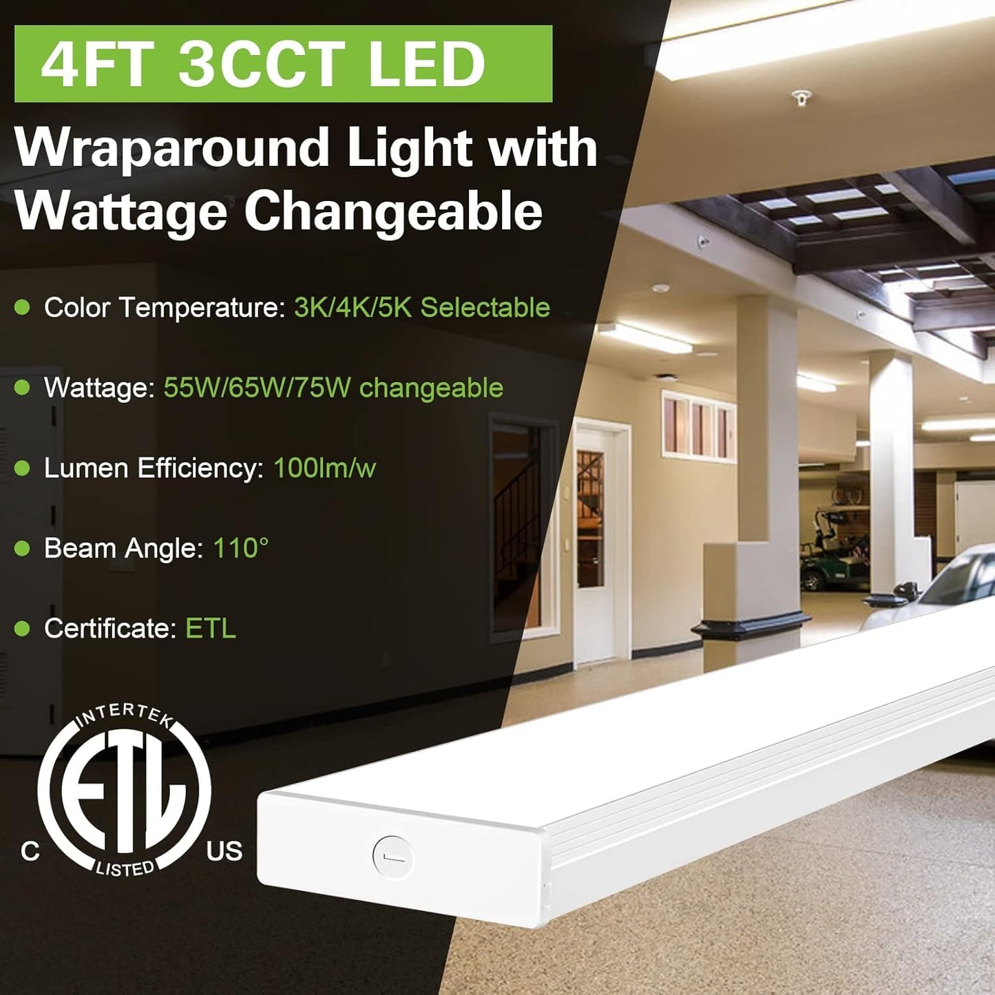 hykolity 4FT LED Wraparound Light with 3 Wattages/3 Lumens/3 CCT Selectable, 55W/65W/75W, 5500lm/6500lm/7500lm, 3000K/4000K/5000K, Flush Mount Office Ceiling Light Fixture, ETL
