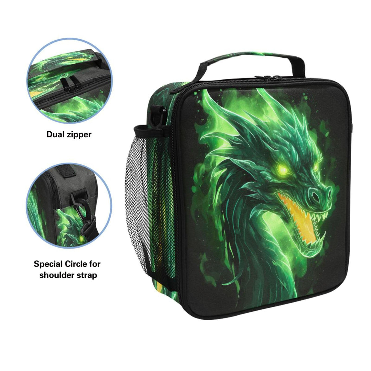 Qinllo Fire Dragon Green Black Lunch Box Bag Large for Boys Girls Kid Insulated Lunch Bags Food Container Reusable Lunchbox Expandable Zip Lock Bag Organizer for Men Women Office Picnic School