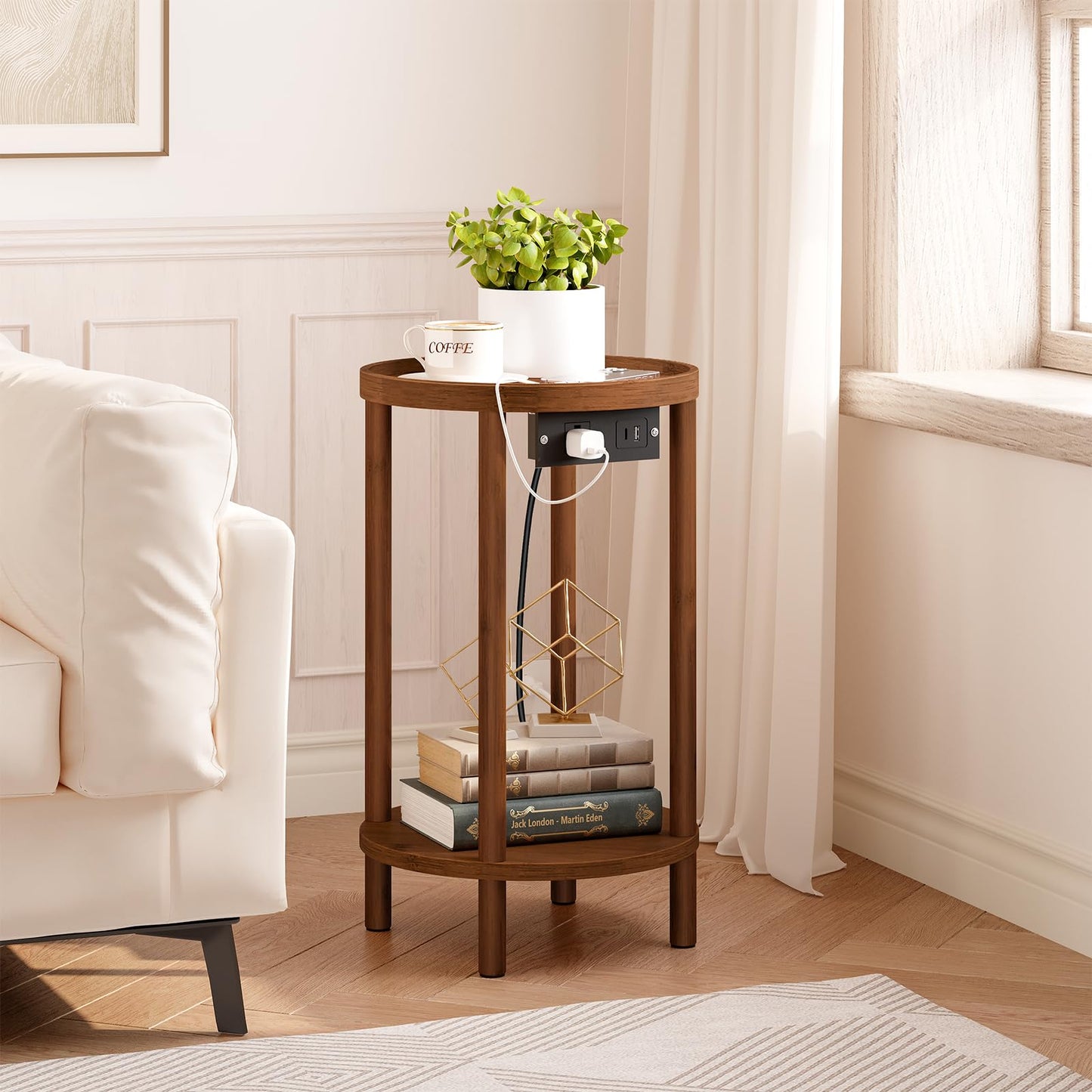 HOOBRO Small Round Side Table with Charging Station, 2-Tier Round Bamboo End Table, Compact Sofa Bedside Table for Small Space, Easy Assembly, for Living Room, Bedroom, Apartment, Mocha MA156UBZ01