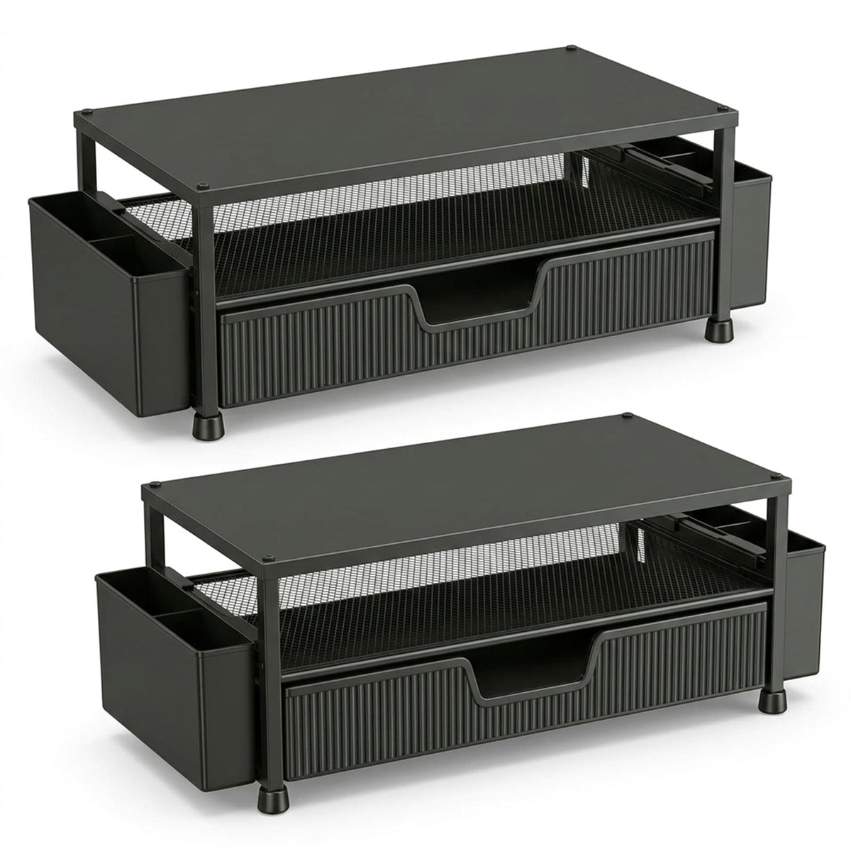 ECOLOVI Desk Organizer and Accessories, 2-Tier Computer Monitor Stand Rise with Storage Drawer & 2 Pen Holders, Laptop & Printer Stand for Desktop, Workspace Organizers for Office Supplies (Black 2-Pack))