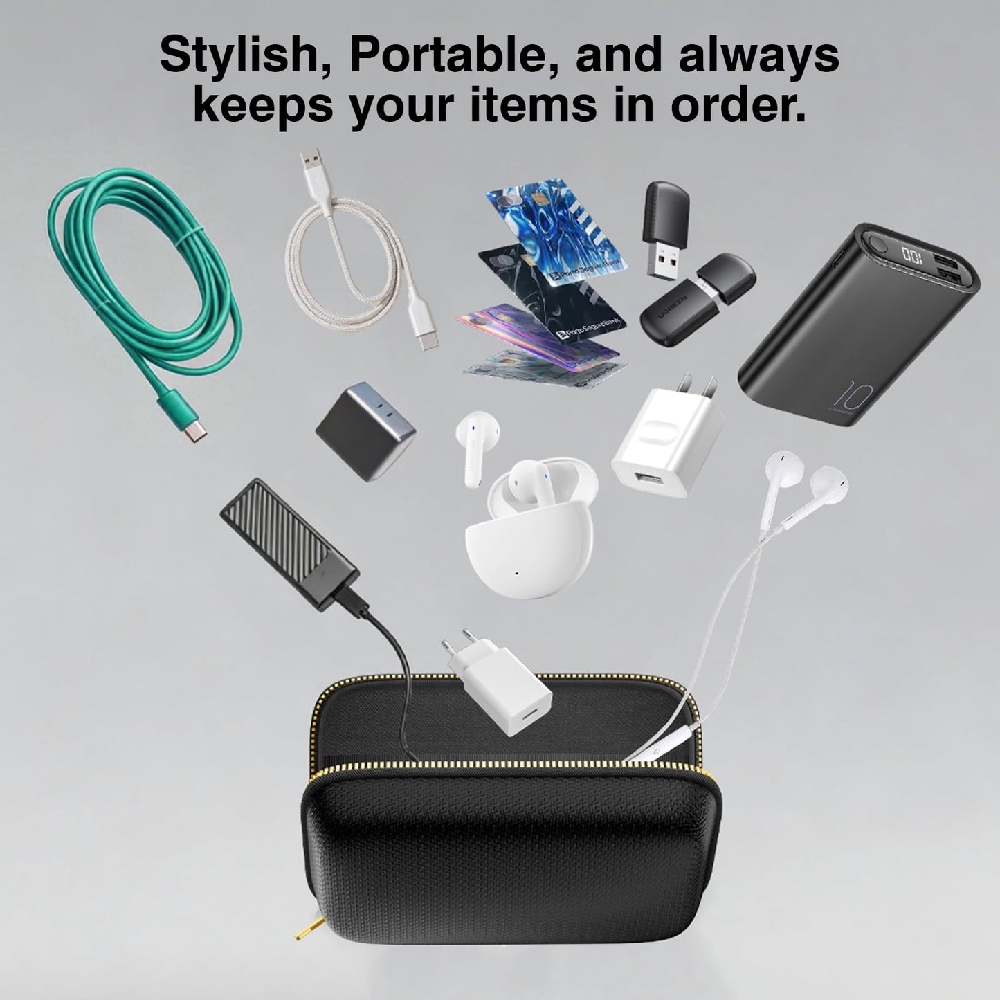 Electronics Travel Organizer with Fireproof Zipper, Hard Case Explosion-Proof Cables Carry Box Compatible with Hard Drive, Fireproof Portable Safe Storage for Power Bank, Phone, Charger, Cord, Black