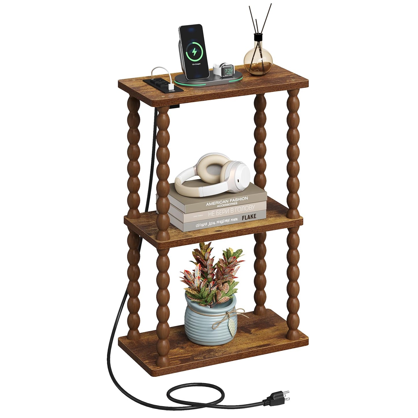 ELYKEN Side Table with Charging Station, Small End Tables Living Room with USB Port and Outlet, 3-Tier Narrow Bedside Table Nightstands for Bedroom, Rustic Brown