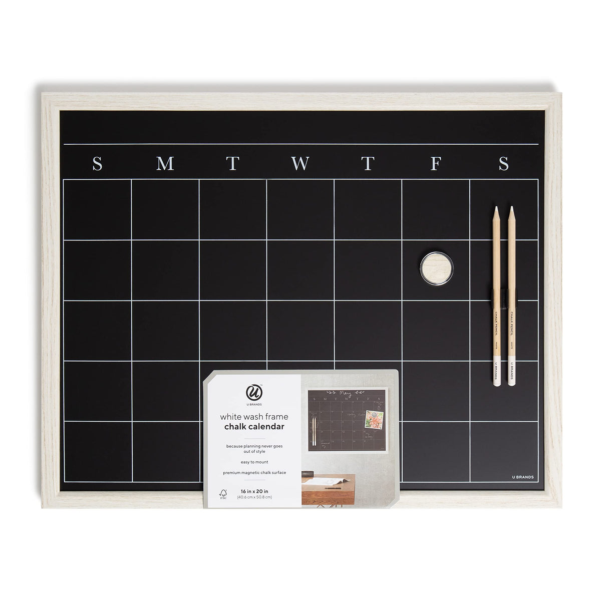 U Brands White Wash Frame Chalkboard Calendar White Board Set, Office Supplies, with Magnet, Chalk Pencils 16” x 20”, 4 Pieces