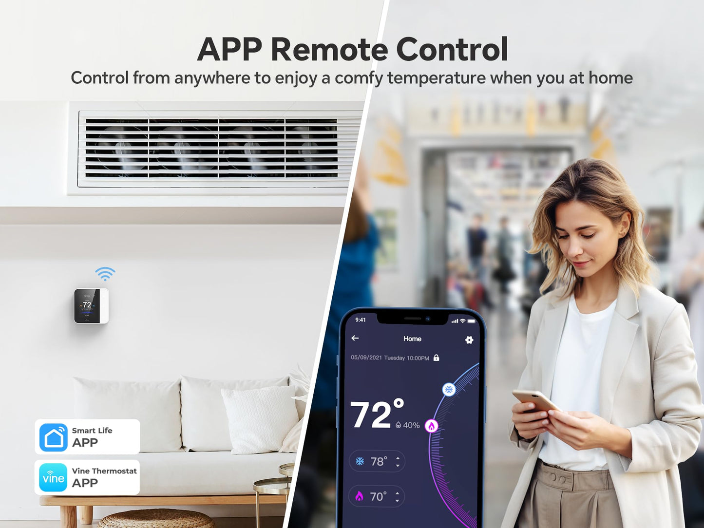 vine Smart Thermostat for House, WiFi Thermostats for Home Compatible with Alexa and Google Assistant, 7day x 8period Programmable, Energy Star Certified, C-Wire Required