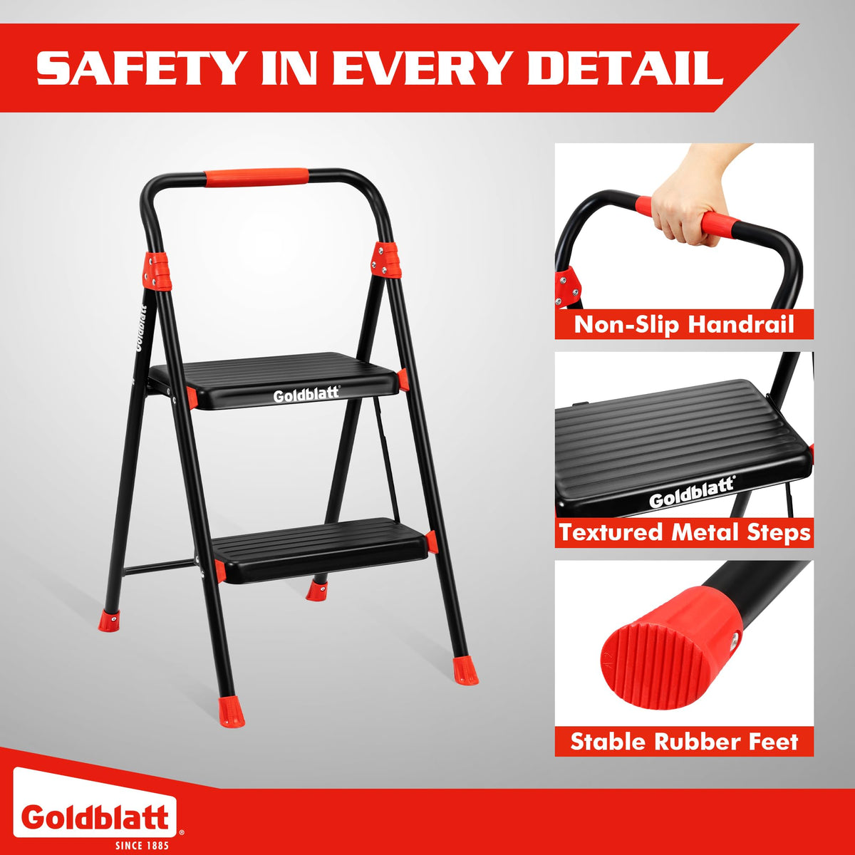 Goldblatt 2-Step Folding Step Stool Heavy Duty Steel Ladder, Auto-Lock Safety, Anti-Slip Wide Steps & Rubber Feet, Ergonomic Padded Handle, Portable for Home, Kitchen, Bedroom, Garage