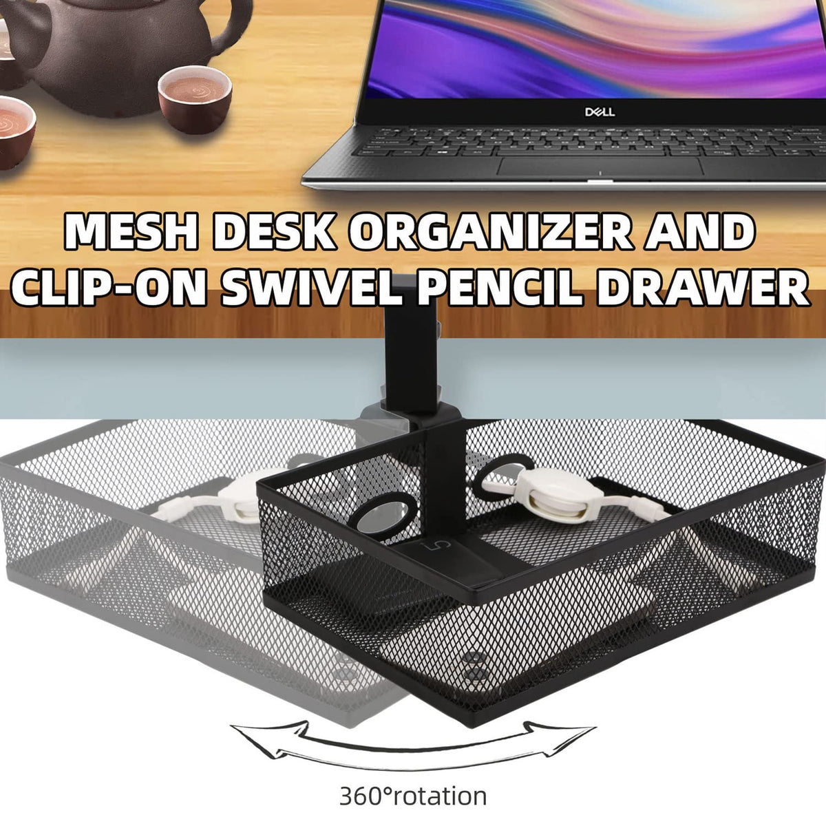 RHBLME Black Under Desk Drawer Storage - 360-Degree Rotating Desk Organizer Clamp-on Swivel Pencil Drawer Shelf for Office Tables