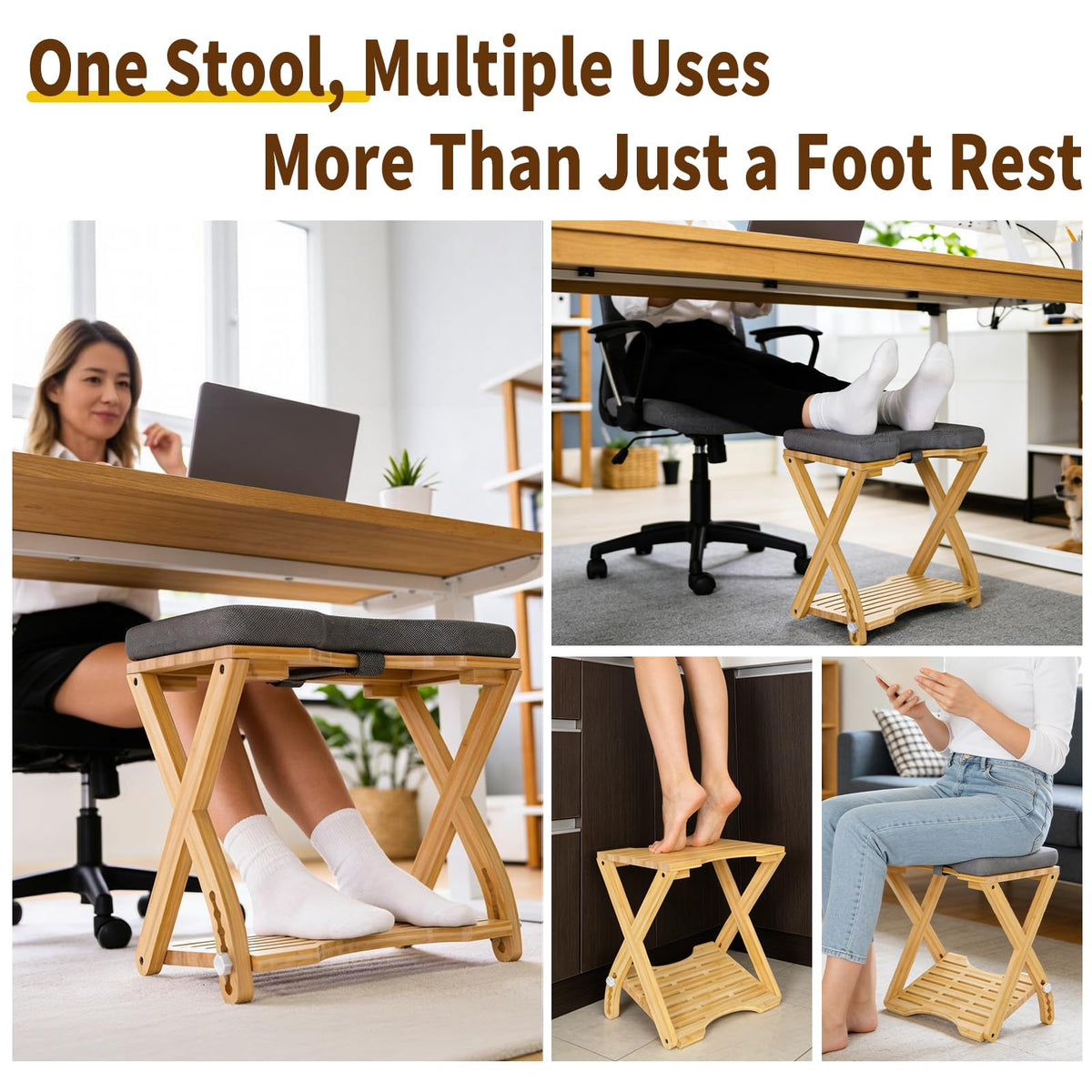 Double Step Foot Rest Under Desk at Work, Bamboo Foot Stool with 6 Adjustable Heights, Ergonomic Under Desk Footrest with Cushion for Home, Office & Gaming (Natural Color)