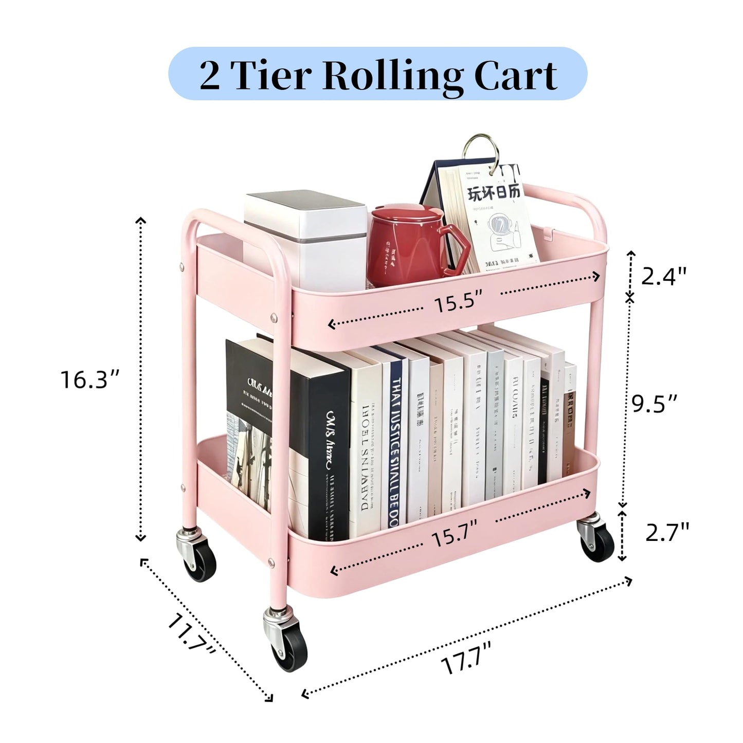LIWNYRK 2 Tier Pink Rolling Cart with Wheels for Under Desk Storage, Large Capacity Rolling Pantry & Kitchen Storage Cart for Small Space, Sturdy Metal Bathroom Shelf Laundry Room Organization