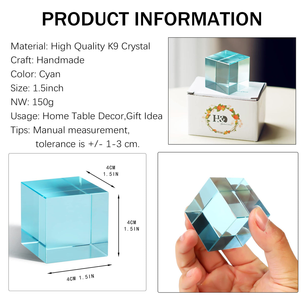 QFkris K9 Crystal Optical Glass Prism Cube Paperweight Ornament Art Glass Figurine Table Home Collectible Decor Photography Accessory (1.5inch,Cyan)