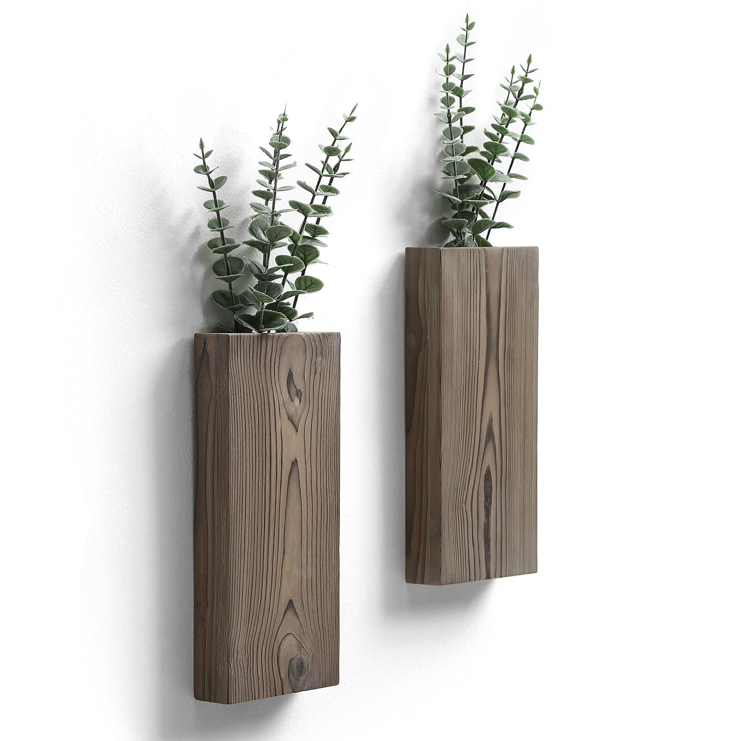 Wood Wall Planter Set of 2, Wood Wall Pocket for Greenery and Dried Flowers, Indoor Wood Hanging Vase, Modern Farmhouse Wall Decor for Living Room Bedroom Office Eucalyptus Stems Decorations (Grey)