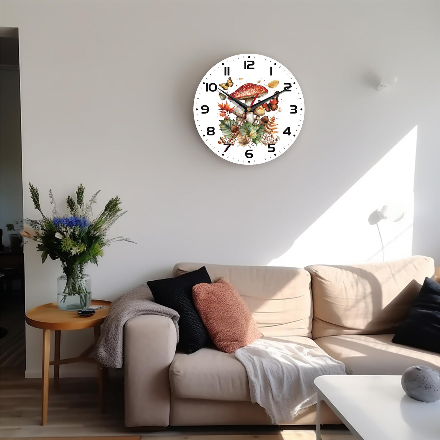 ENUIEO Wall Clock, 10 Inch Silent Non-Ticking Home Kitchen Decor, Battery Operated for Bathroom Bedroom Living Room Office(Mushroom Butterfly)