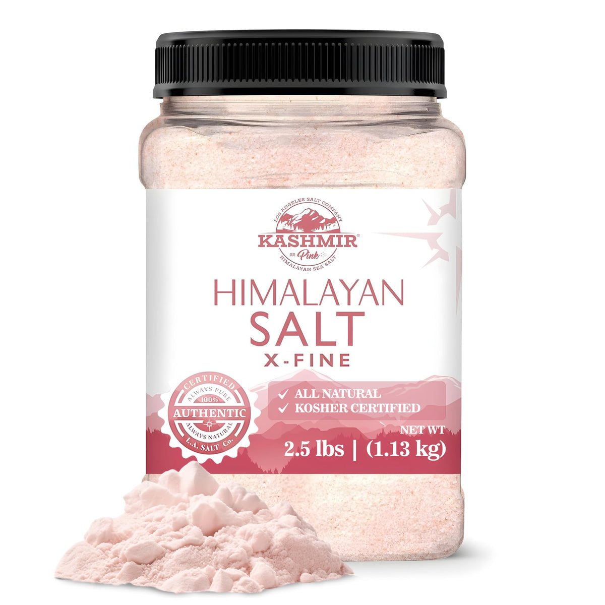 LA SALT CO Kashmir 2.5 Lbs Pink Himalayan Salt Jar, X-Fine | 100% Pure, Food Grade with 84 Trace Minerals | Kosher Certified, Vegan, Non-GMO, & Cruelty-Free