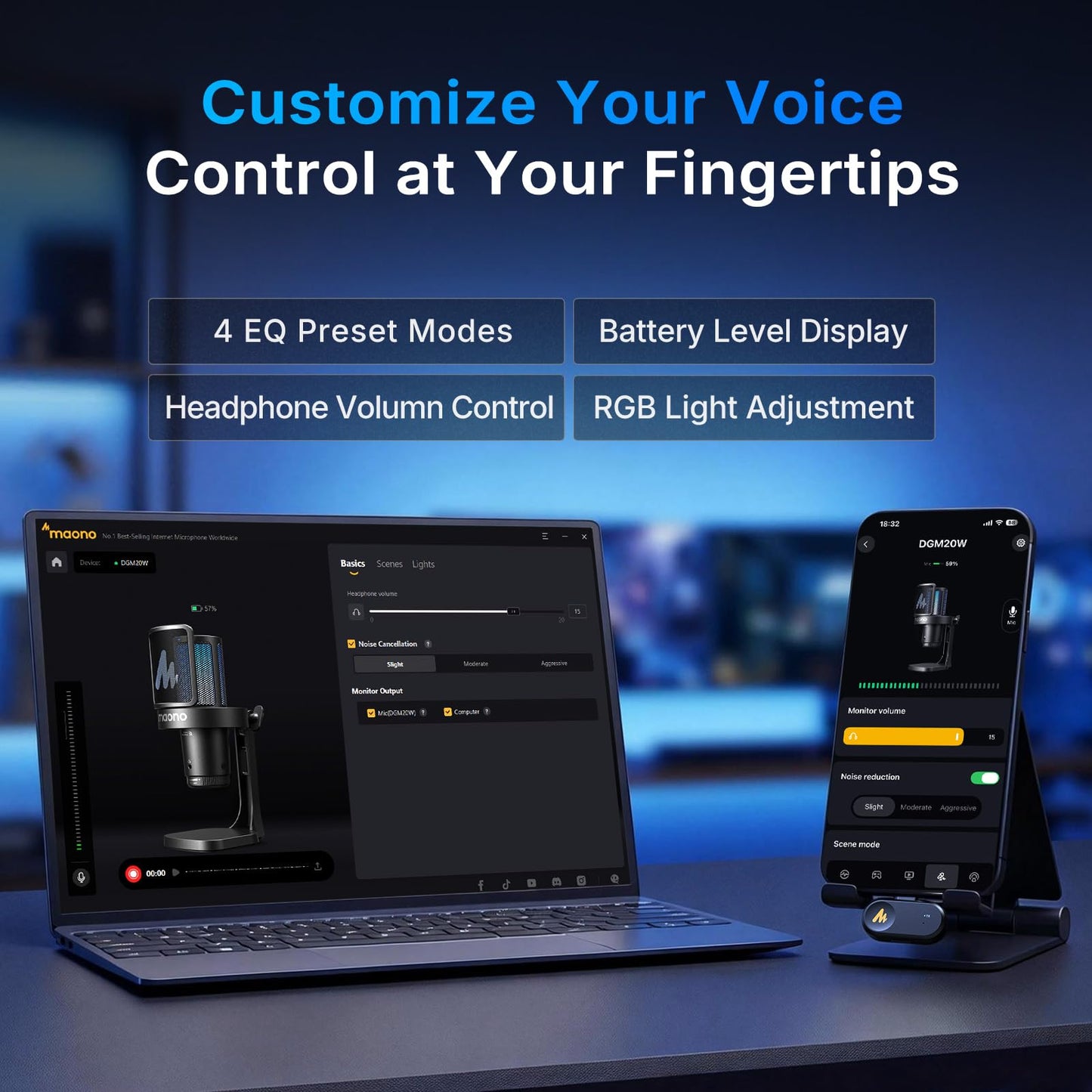 MAONO DGM20W Wireless Microphone for PC, Condenser USB Mic for Gaming Streaming with Noise Cancellation & Quick Mute,Gain Control,RGB,Software, Computer Desktop Mic for PS5 Twitch Discord
