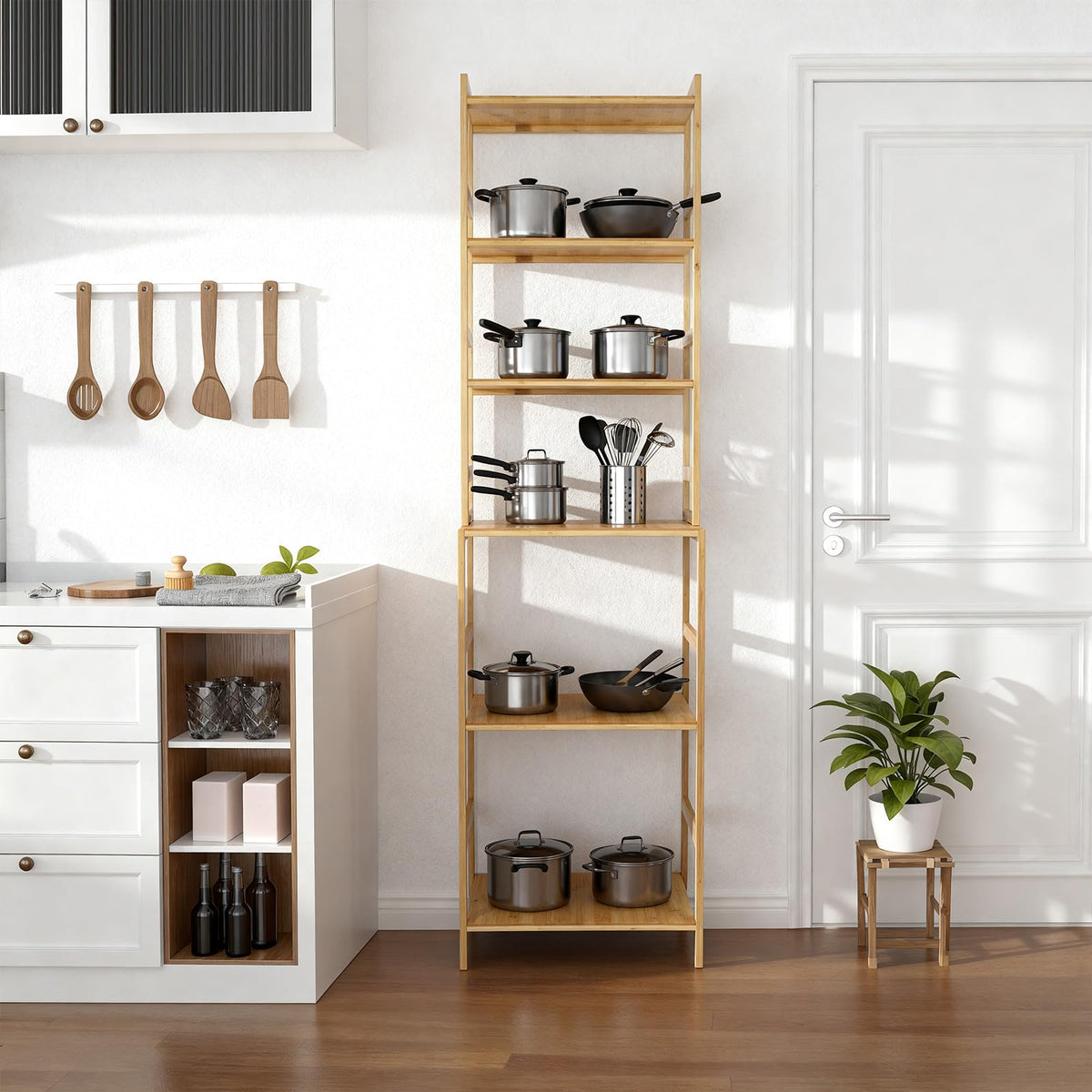 EIUTQRU Bamboo Living Room Bookcases, 6 Tier Standing Ladder Shelf Bookshelf, Multifunctional Narrow Shelving Unit Storage Rack for Garage, kitchen, Office, Bookroom, Corner, 42 x 30 x 160 cm
