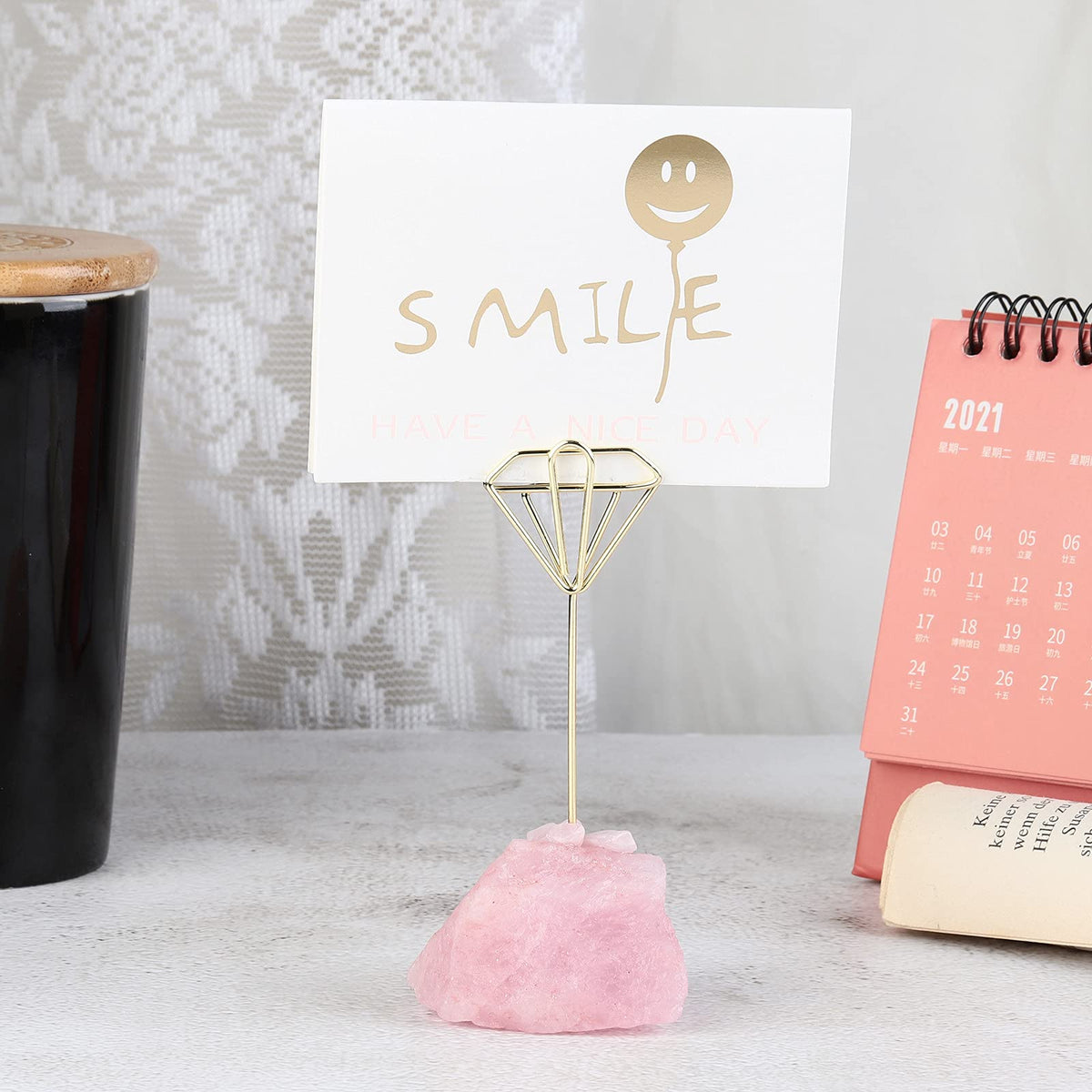 mookaitedecor Natural Rose Quartz Raw Crystal Table Card Holder, Wedding Table Name Card Holders Clips Picture Memo Note Photo Stand, Diamond Shape