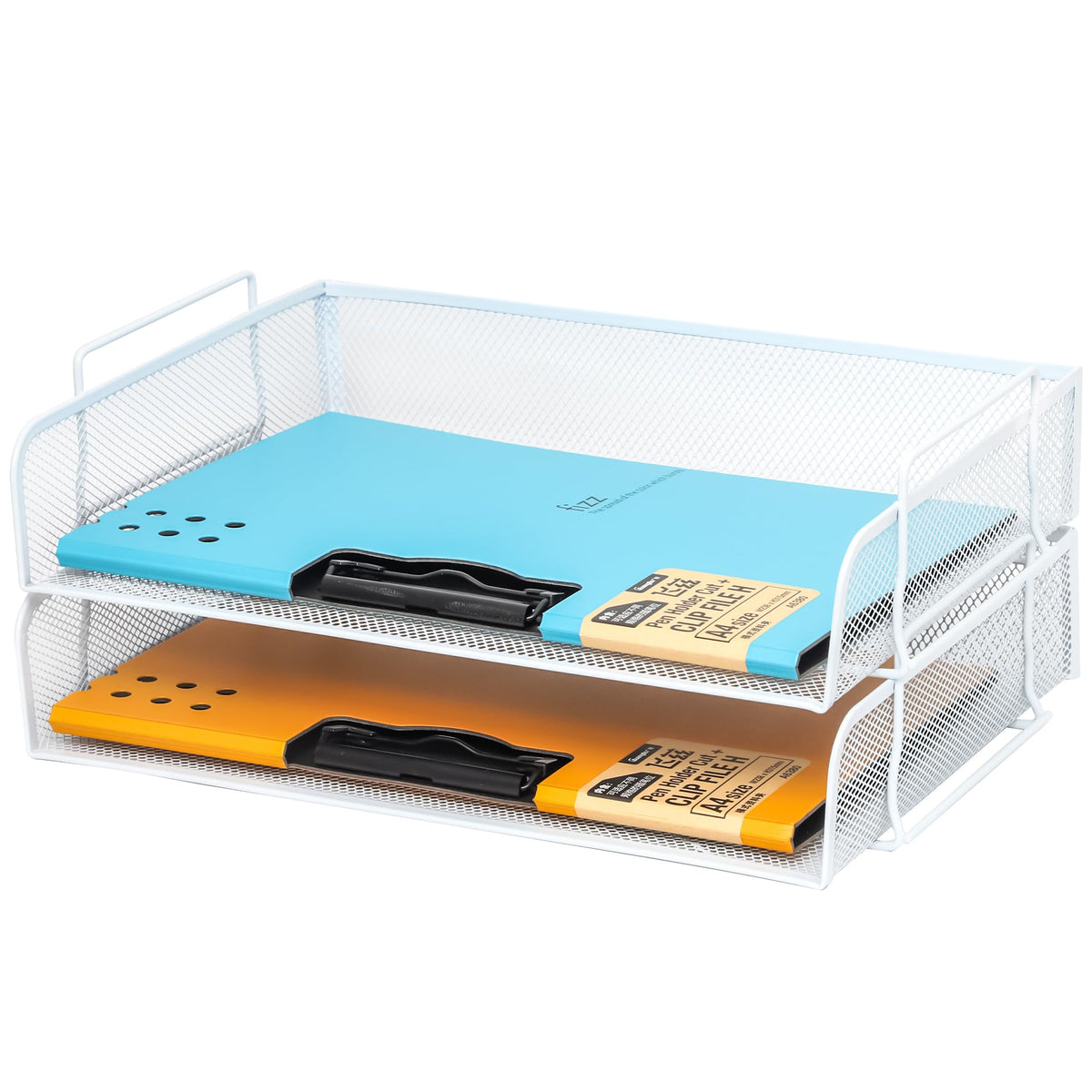EASEPRES 2 Pack Stackable Desk Paper Tray, Metal Mesh Desktop Document Letter File Organizer for Office Home School, 13.5'' L x 9.75'' W x 5.5'' H, White