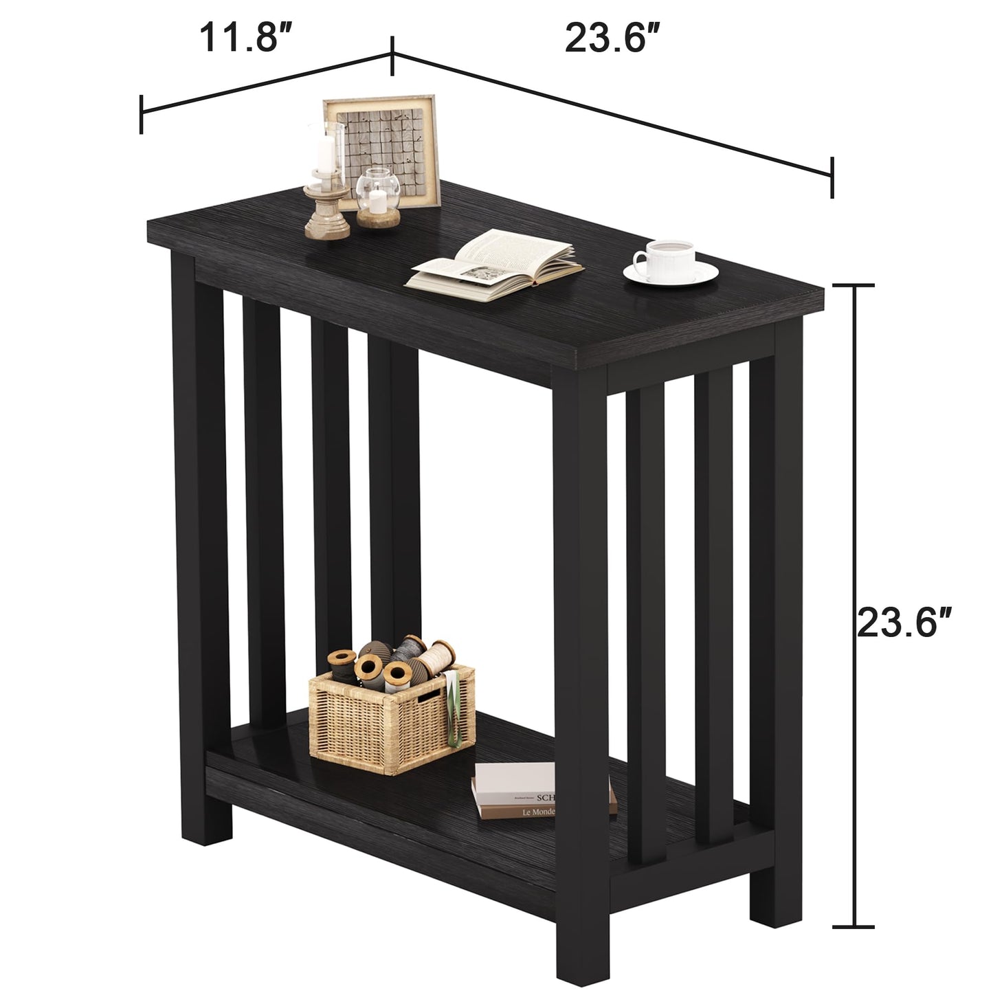 ChooChoo Black End Table for Small Spaces, Narrow Side Table, Night Stand with Storage Shelf for Living Room and Bedroom