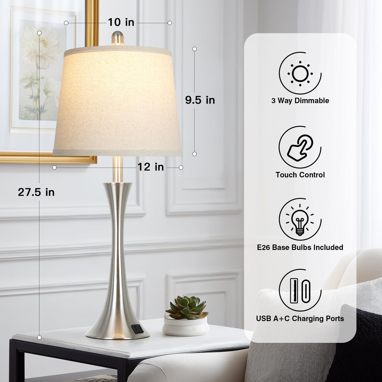 Rinweey 27.5" Silver Table Lamps, Touch Bedside Lamps with USB C+A Ports, 3 Way Dimmable Nightstand Lamps for Bedroom, Living Room, Office, Silver Lamp with Beige Lampshade, Bulbs Included (1 Pack)