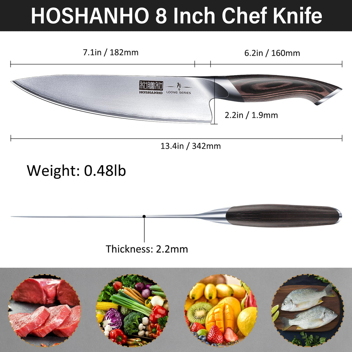 HOSHANHO Kitchen Knife in Japanese High Carbon Steel, Professional High-Class Chef's Knife 8 inch, Non-slip Ultra Sharp Cooking Knives with Ergonomic Handle