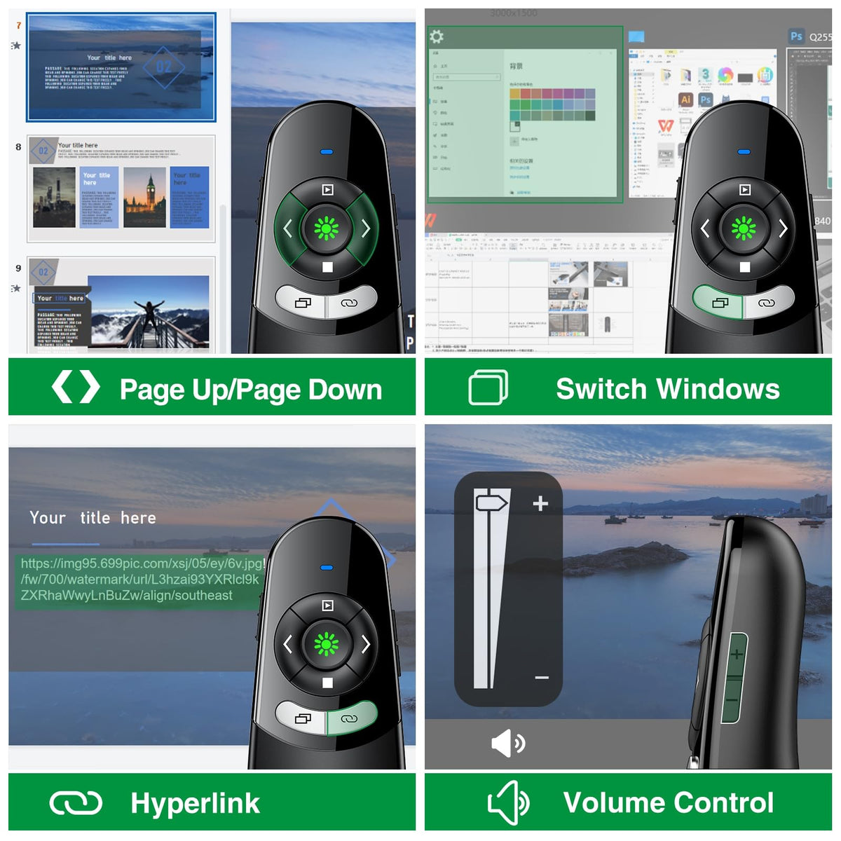 DINOSTRIKE USB A and USB C Presentation Clicker Green Light, RF 2.4GHz Wireless Presenter Remote Powerpoint Clicker Slide Advancer for Mac Laptop Computer Office Classroom