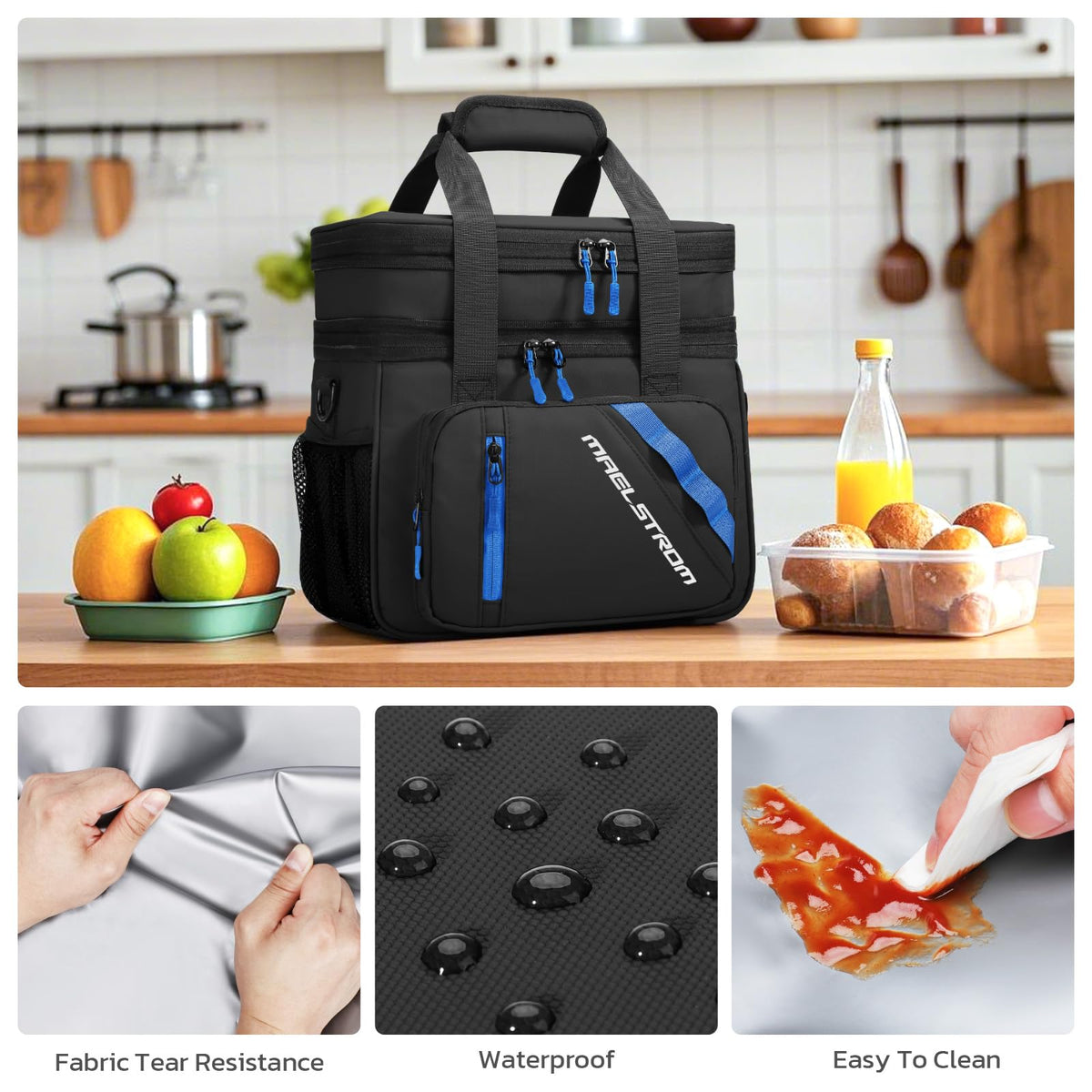Maelstrom Lunch Box, 20L Insulated Lunch Bag for Men Women, Expandable Double Deck Leakproof Cooler Bag with 6 Pockets, Reusable Lunch Tote Bag for Work, Picnic, Travel, Black