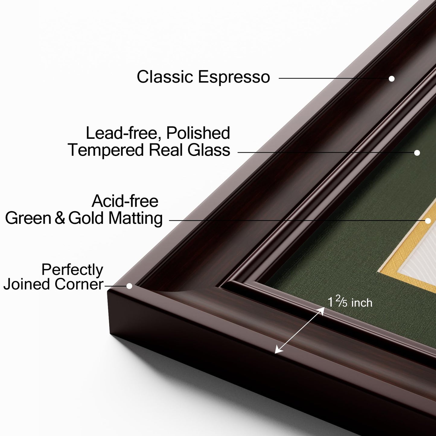 Yaetm 11x14 Diploma Frame, Certificate Frame with Tempered Glass, Display 8.5x11 Document with Dark Green Over Gold Acid-free Mat or 11 x 14 without Mat, Wide Molding (Single, Brown/Green)