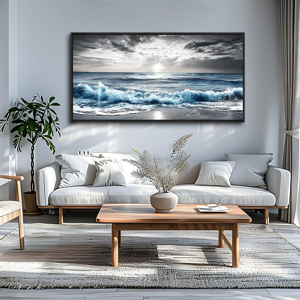 KELIYUAN Wall Decor For Living Room Canvas Wall Art For Bedroom Office Black And White Pictures Beach Wave Scenery Murals Artwork For Modern Stretched and Framed Beach Posters Home Decor 20"X40"