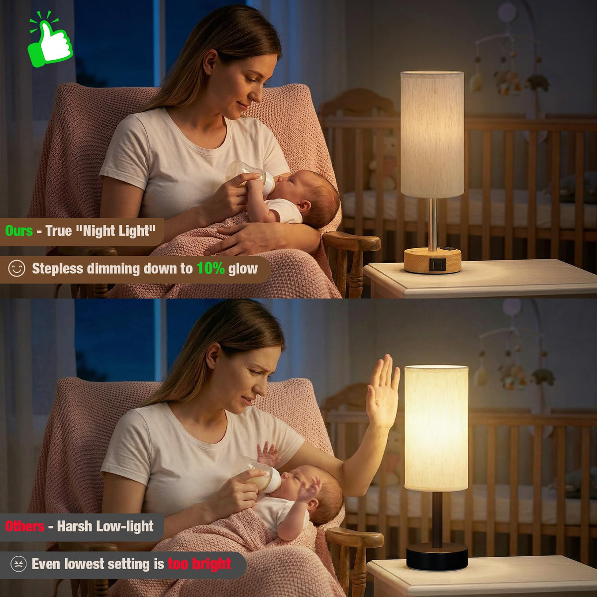Touch Bedside Table Lamp with Memory - Stepless Dimmable Lamp for Bedroom, Small Nightstand Lamp with Dual USB Charging Ports and AC Outlet, Wood Night Light, Deak Lamp for Nursery, Living Room, Dorm