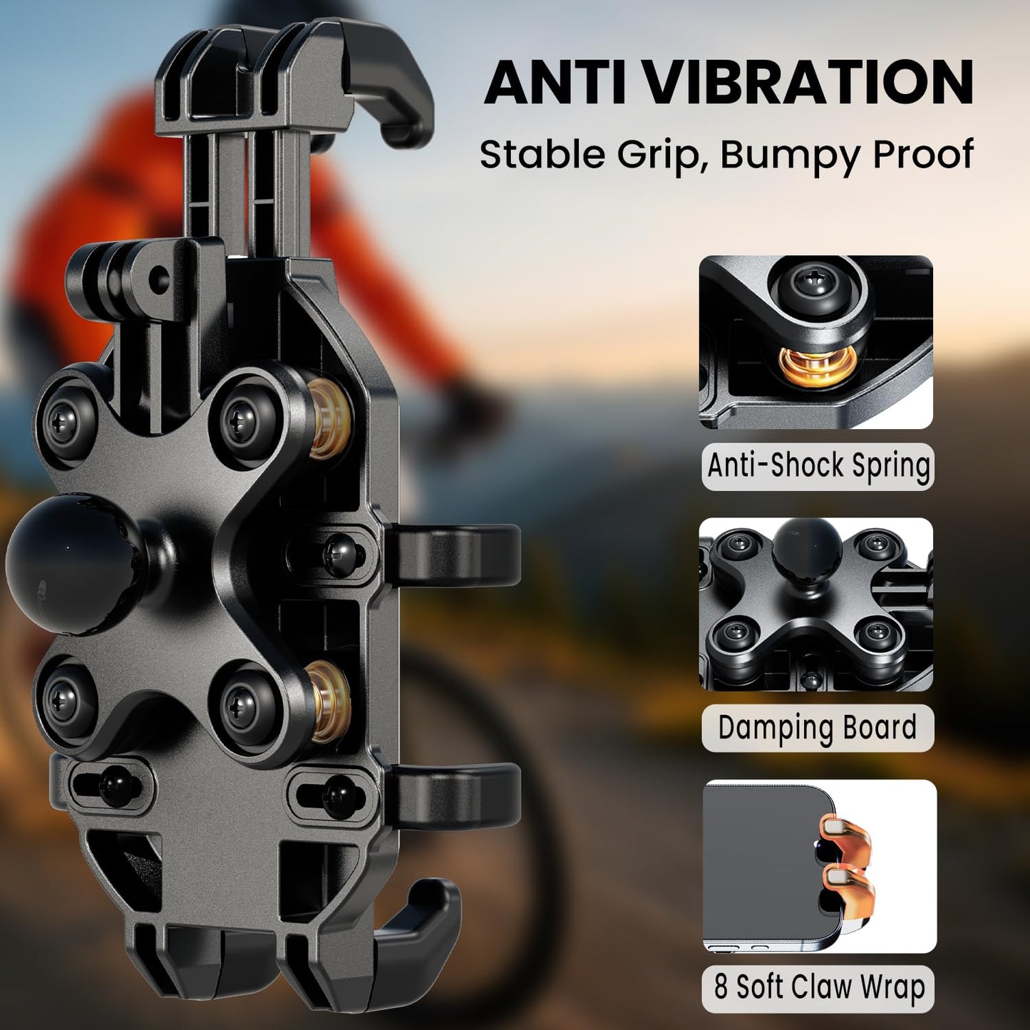 Thlevel Motorcycle Phone Mount Holder with Vibration Dampener Anti-Shake 720° Adjustable for iPhone 16 Pro Max for Samsung 5.4''-6.9'' Phone Anti-Theft Dirt Bikes(U Shape Base 0.6-1.1" Handlebar)