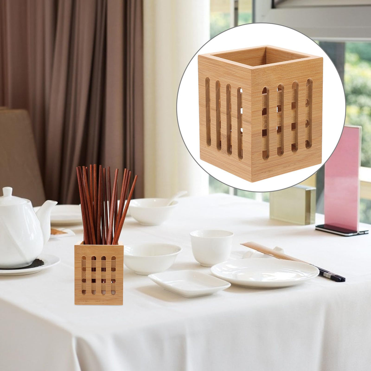DOITOOL Bamboo Utensil Holder Wood Kitchen Utensil Holder for Napkin Spoon Chopstick Drying Rack Spatula Storage Organizer for Countertop Kitchen Decor