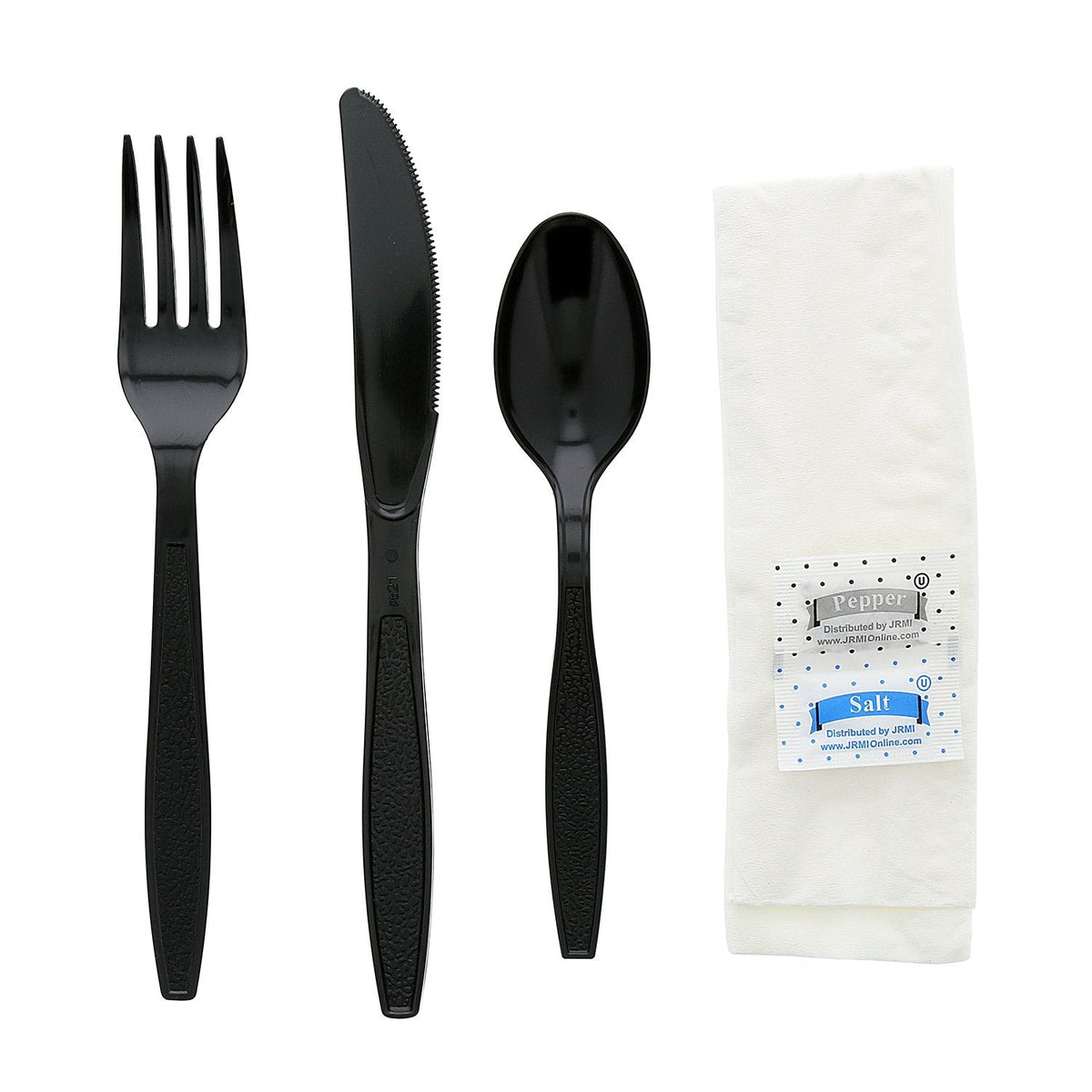 AmerCareRoyal 6-in-1 Disposable Silverware Heavy Weight Plastic Utensil Set with Teaspoon, Fork, Knife, Salt & Pepper Packets, 13x17 Napkin - Individually Wrapped Cutlery Meal Kit, Black, Case of 250