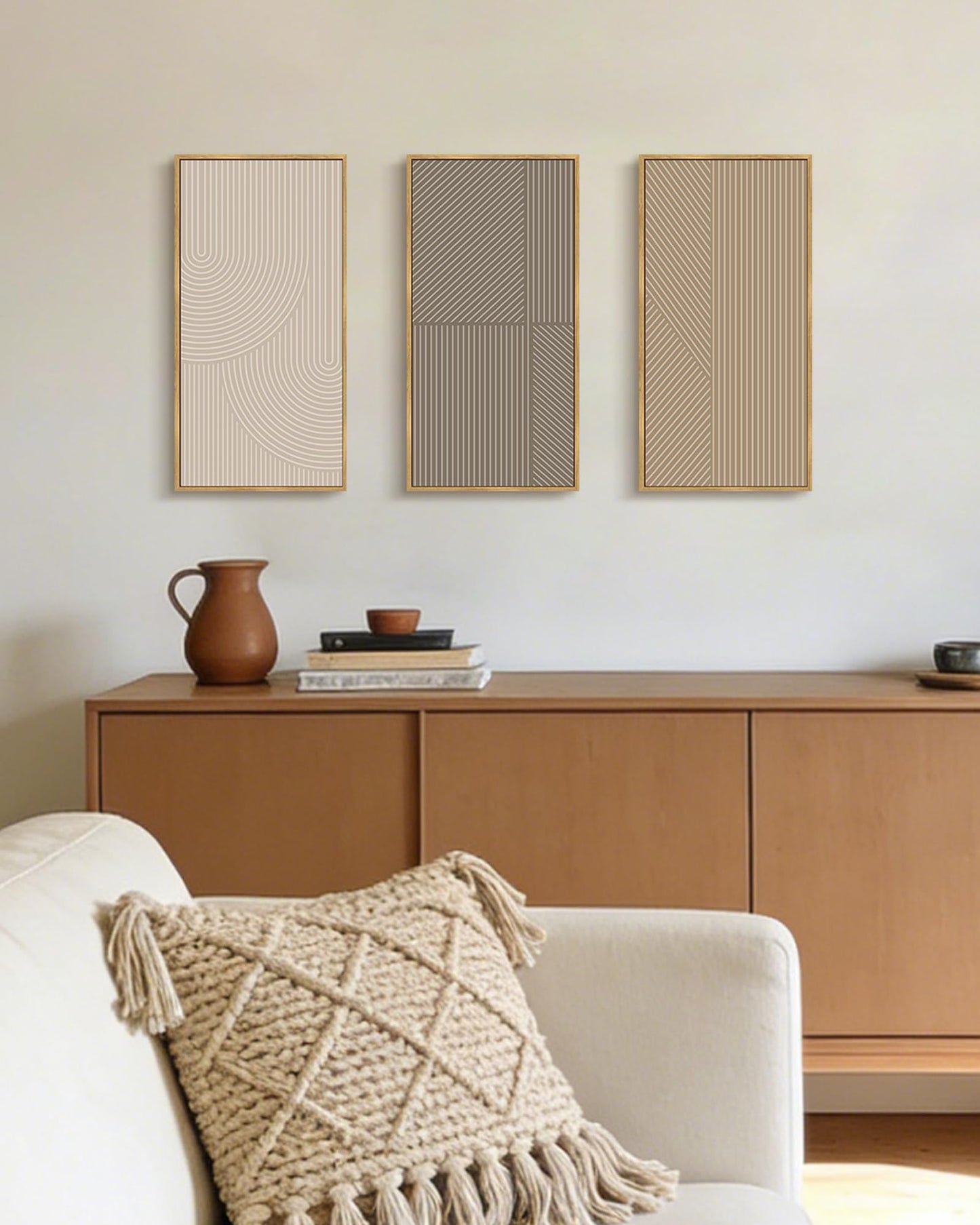 KUVIOKE Boho Minimalist Abstract Framed Wall Art Modern Line Wall Decor Geometric Artwork Kitchen Dining Room 8x16in3pcs Natural Framed
