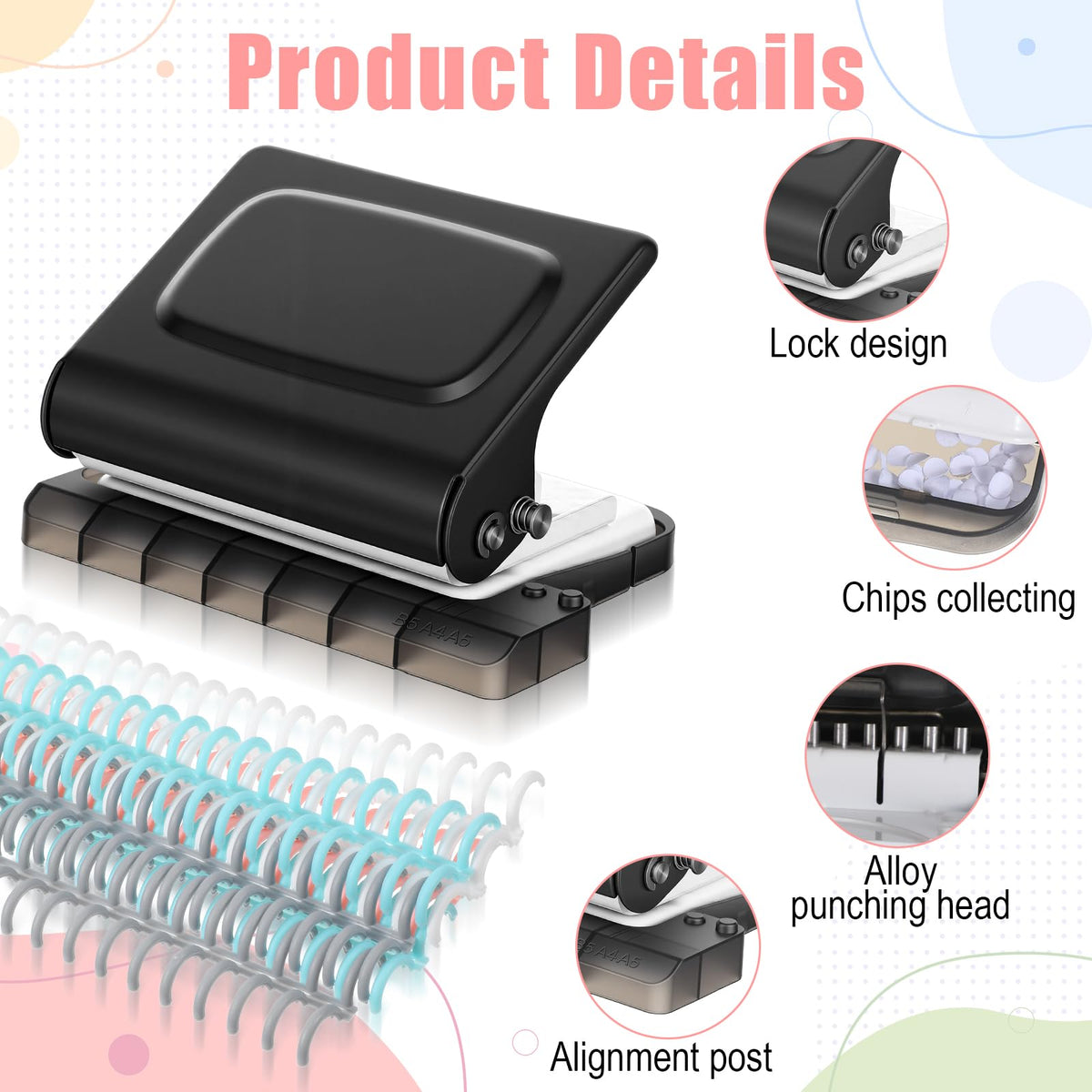 PercyEffie Grey 10-Hole Binding Machine for Planner with 20pcs Comb Binding Spines, Plastic Spiral Bindings Coils，30 Holes on A4,20 Holes on A5,26 Hole on B5,10 Sheet Capacity