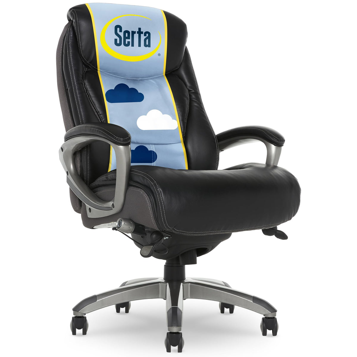 Serta Lautner Executive Home Office Desk Chair, Ergonomic High-Back with Adjustable Lumbar & Body Pillows, SmartLayers and ComfortCoils Technology, Mesh and Bonded Leather, Black/ Gray
