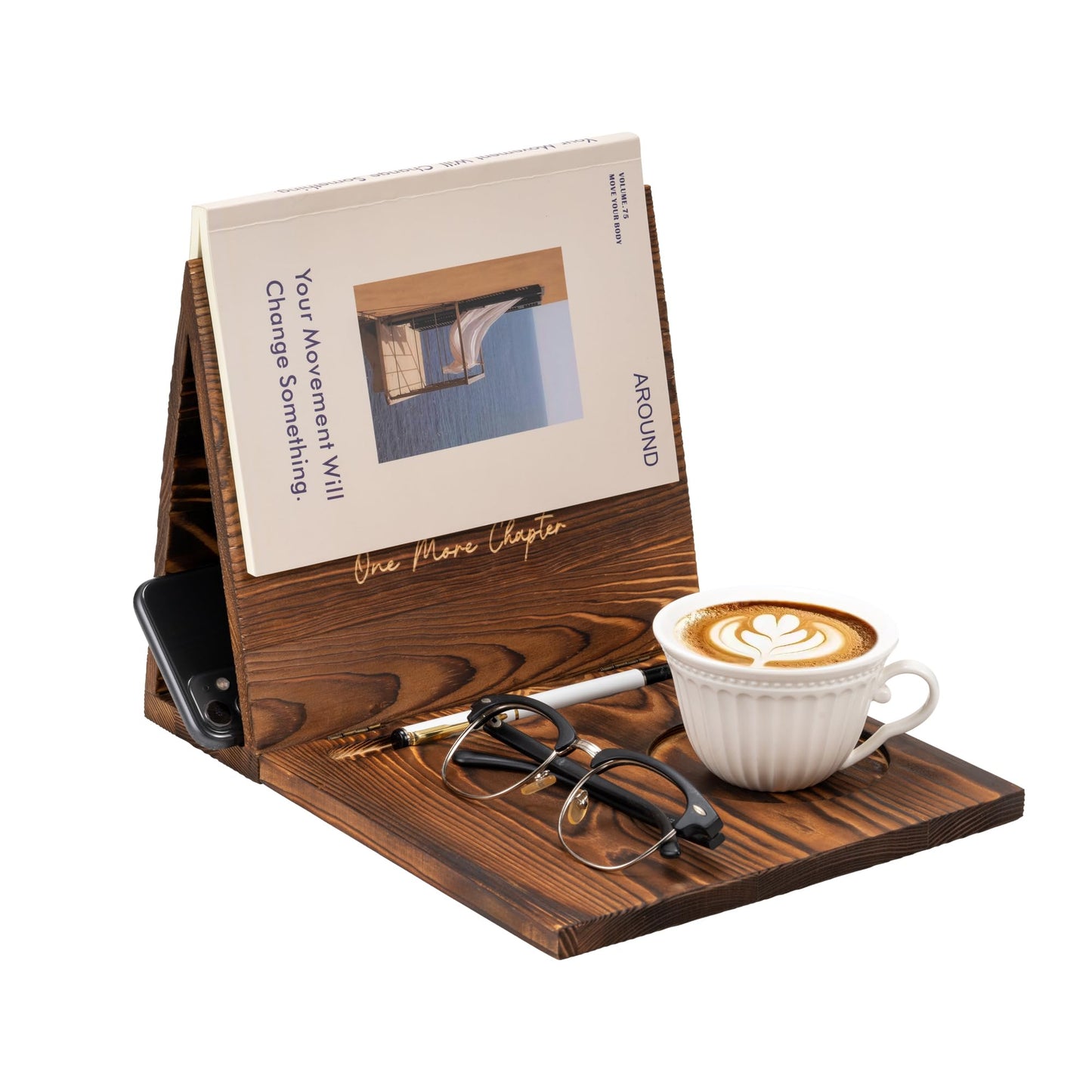 Wooden Book Holder Stand for Page Rest Nook Reading Valet with Coffee Mug Cup Glasses Pen Ipad Holder for Nightstand Desktop Bedside Birthday Gifts for Book Lovers Readers (Brown)