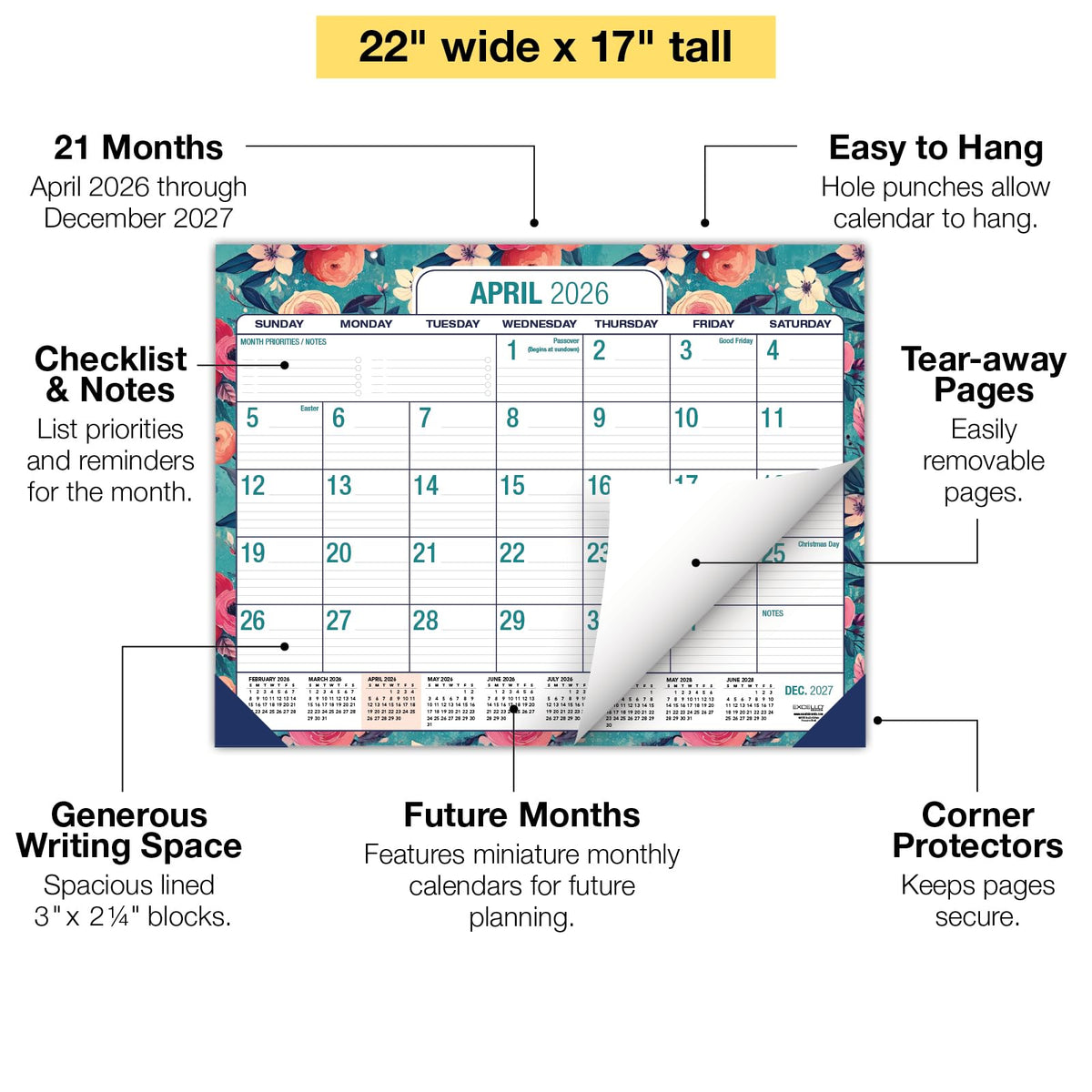 Desk PAD: 22" x 17" Large Print Desk Pad Calendar, APR 2026 - DEC 2027, 21 Months, (Teal Floral)