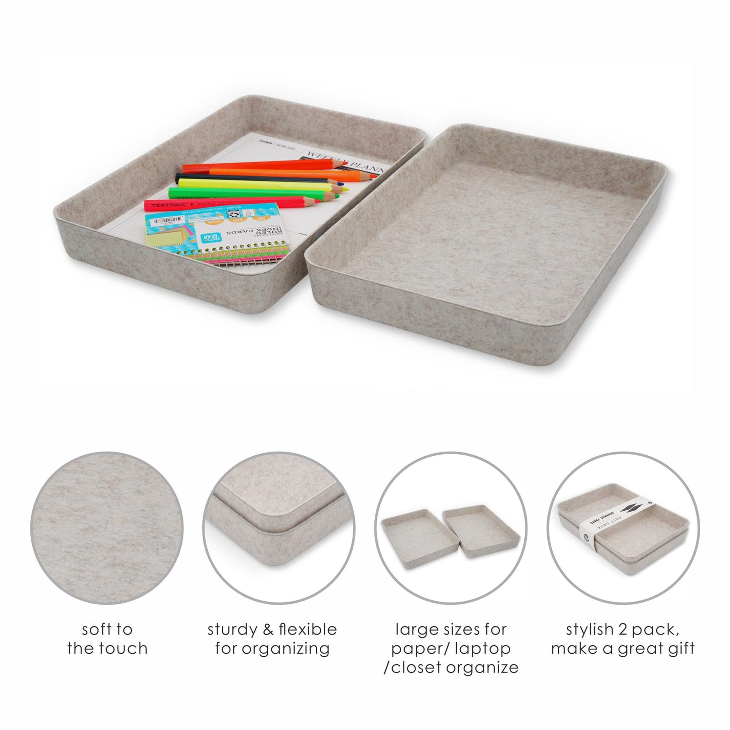 Welaxy 2-piece Office desk drawer organizer tray letter-size documents paper book file Folder Holder Scandinavian-chic storage bin hygge design sleek minimalist gifts idea storage bins (Oatmeal)