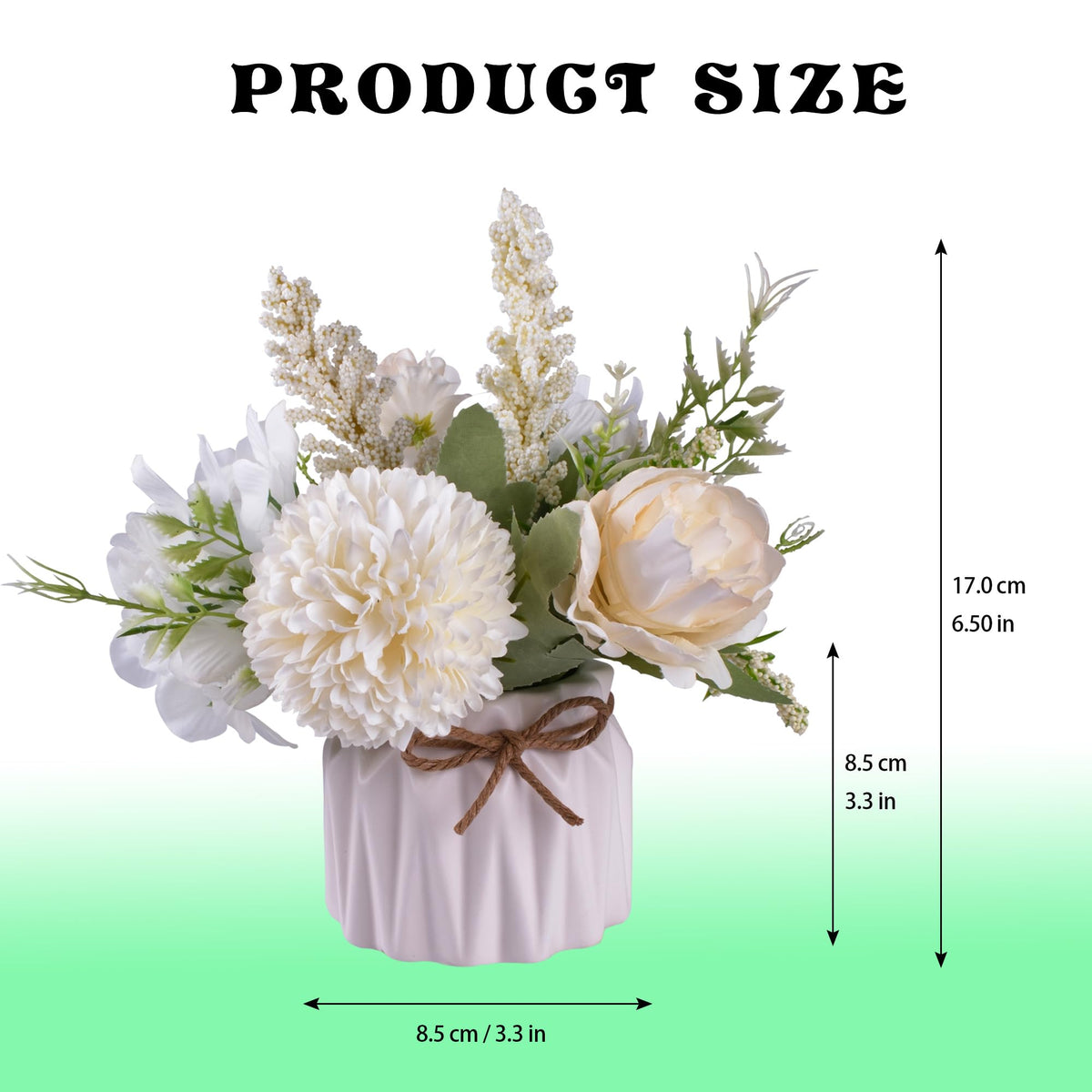 Artificial Potted Flowers White, Small Ceramic Vase Fake Flower Plants Desktop Decoration Indoor for Home and Office, Faux Flowers Hydrangea Decora for Table,Bookshelf,Bedroom,Living Room.(White)