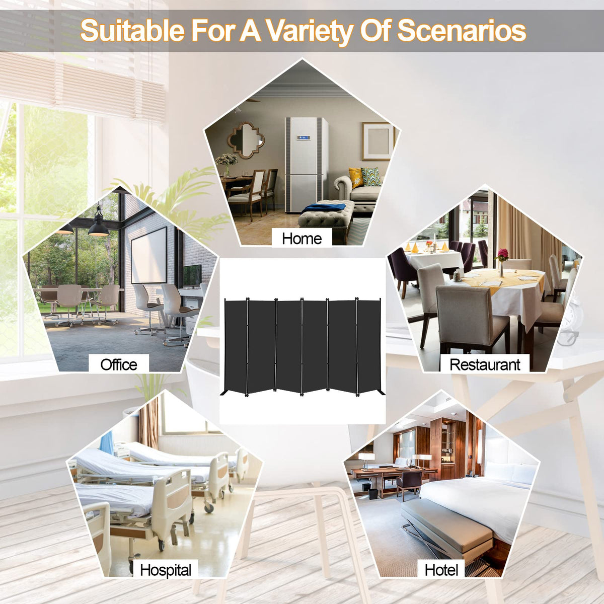MAYOLIAH 6 Panel Folding Privacy Screen 9ft Wide, 6ft Tall Partition Room Divider Portable Office Walls Dividers, Black