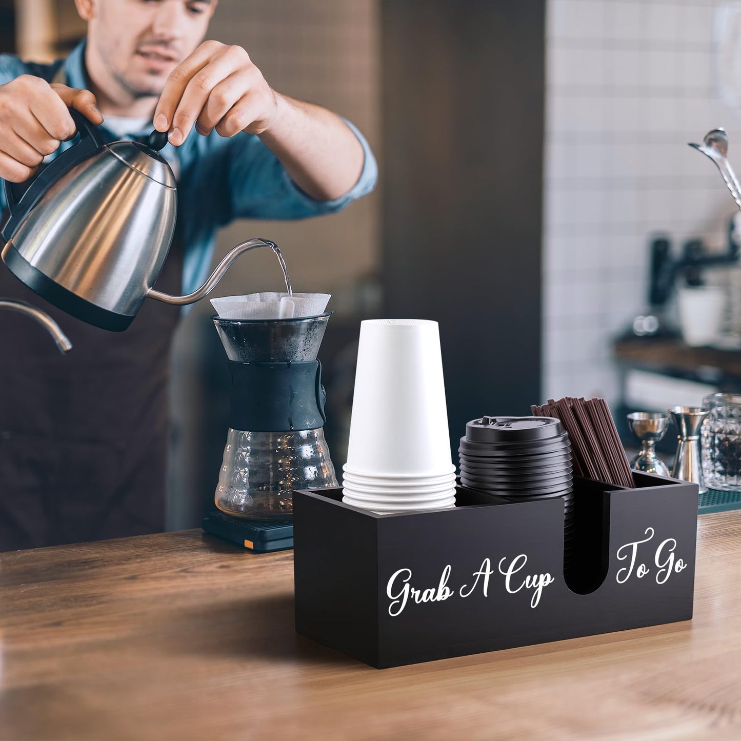ALELION Coffee Cup Holder for Countertop - Wood Coffee Bar Accessories and Organizer - Coffe Station Organizer for Cup Lid Stirrers Pod