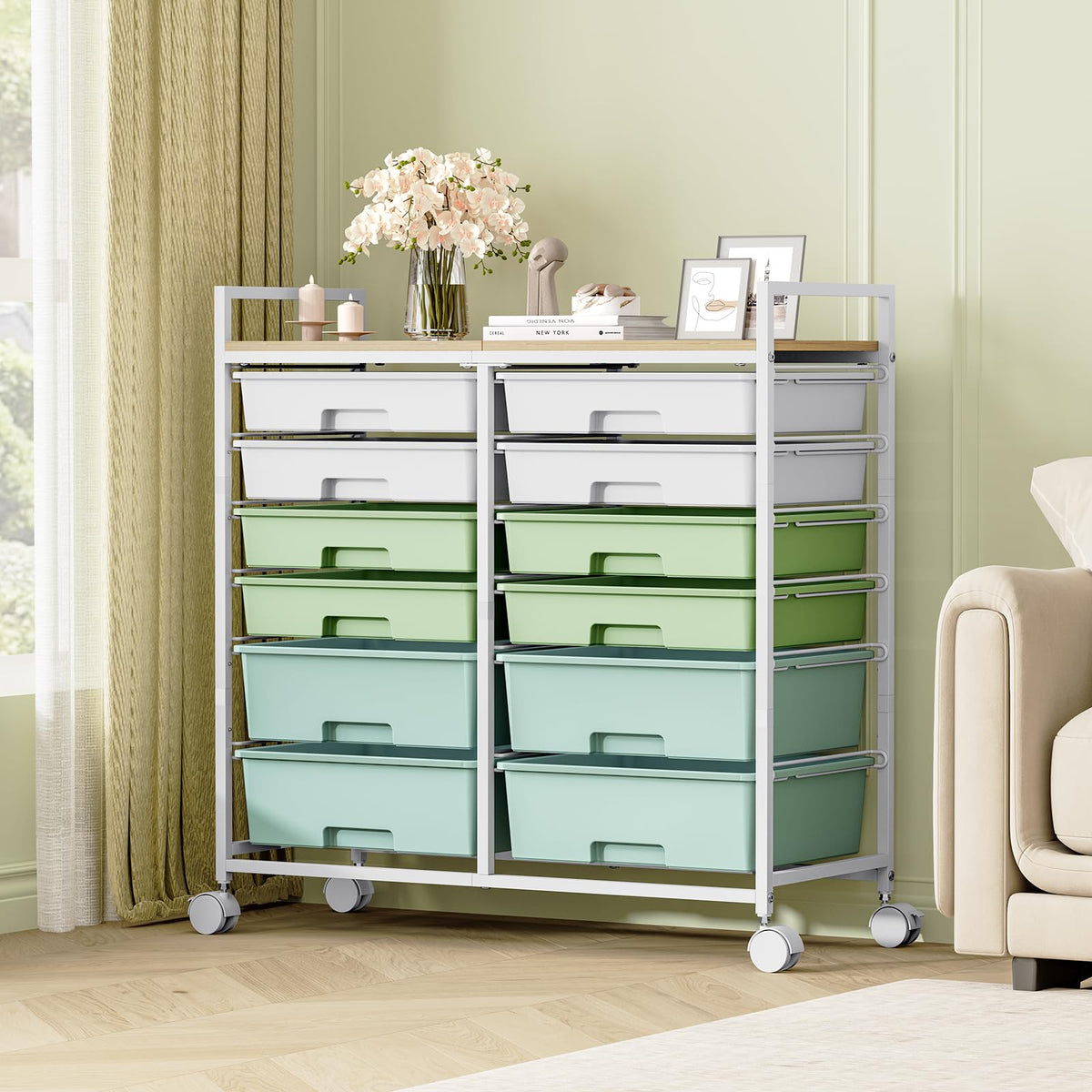 Rolling Storage Cart with 12 Drawers, Wooden Tabletop Utility Cart for Craft Storage, Art Supply Storage & Home Office Organization, Teacher Cart with Wheels for Classroom Organization, School (Green)