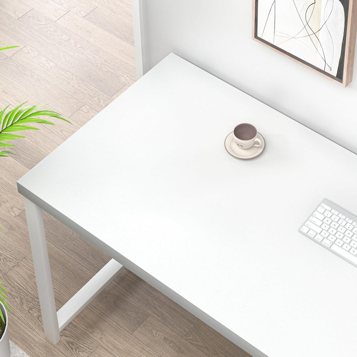EXCEFUR White Computer Desk, Modern Home Office Desk with Storage Shelf, Wood and Metal Writing Study Table for Living Room Bedroom, 53 Inch
